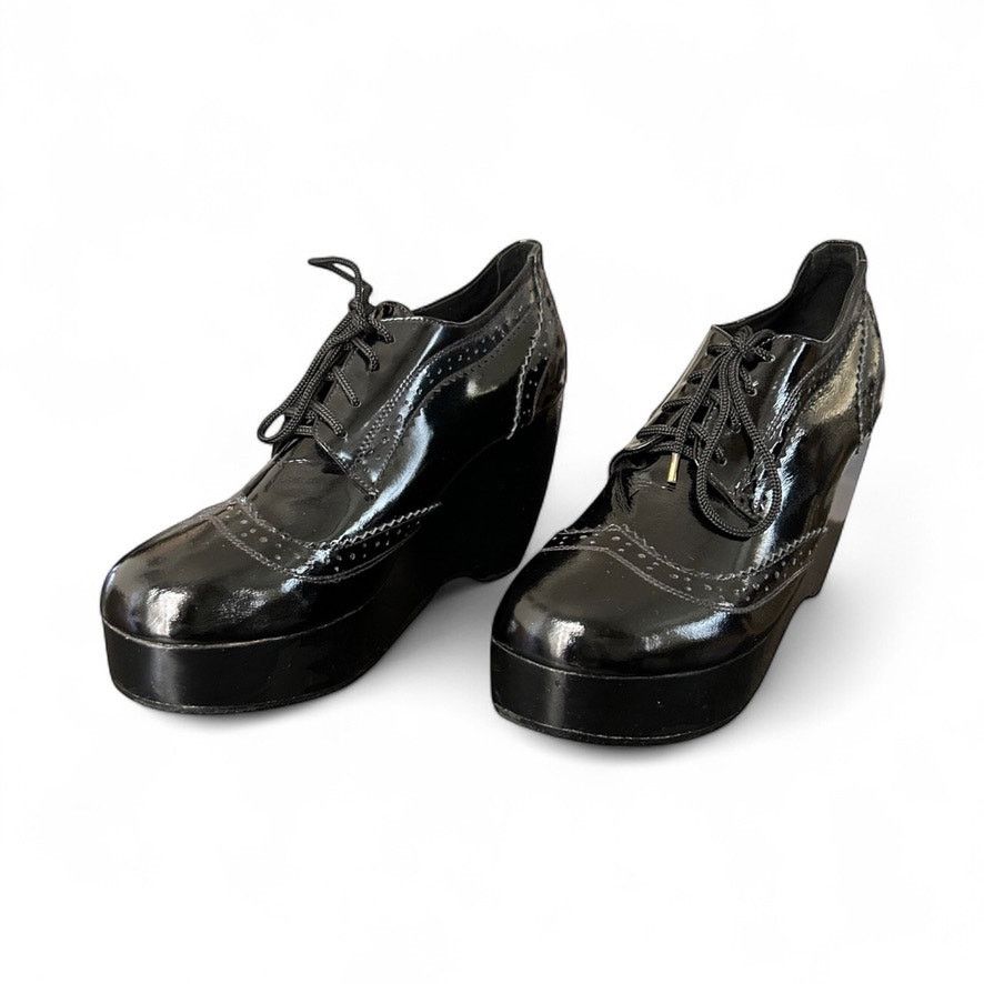 Vintage Shakuhachi Black Patent Leather Platform Wedge Oxfords Size US 7 / IT 37 - 2 Thumbnail