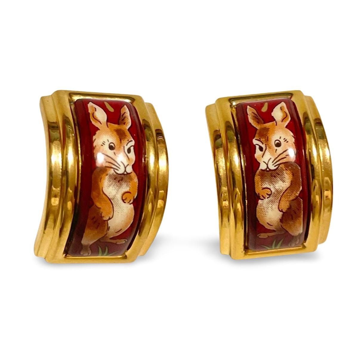Hermes Vintage Hermes cloisonne enamel golden earrings with rabbit, Size ONE SIZE - 1 Thumbnail