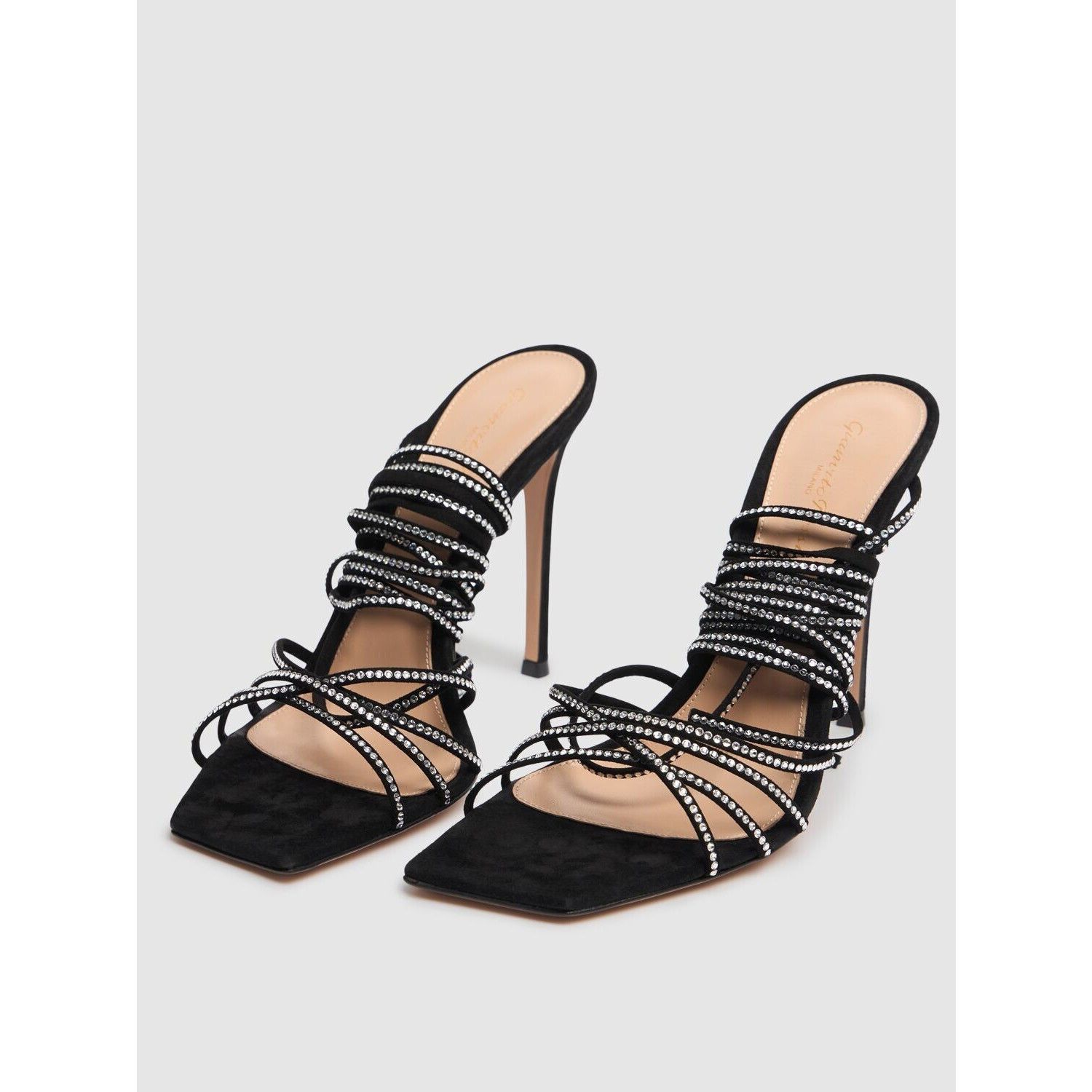 GIANVITO ROSSI 105 $1345 Black Satin And Crystals Sandals Ne