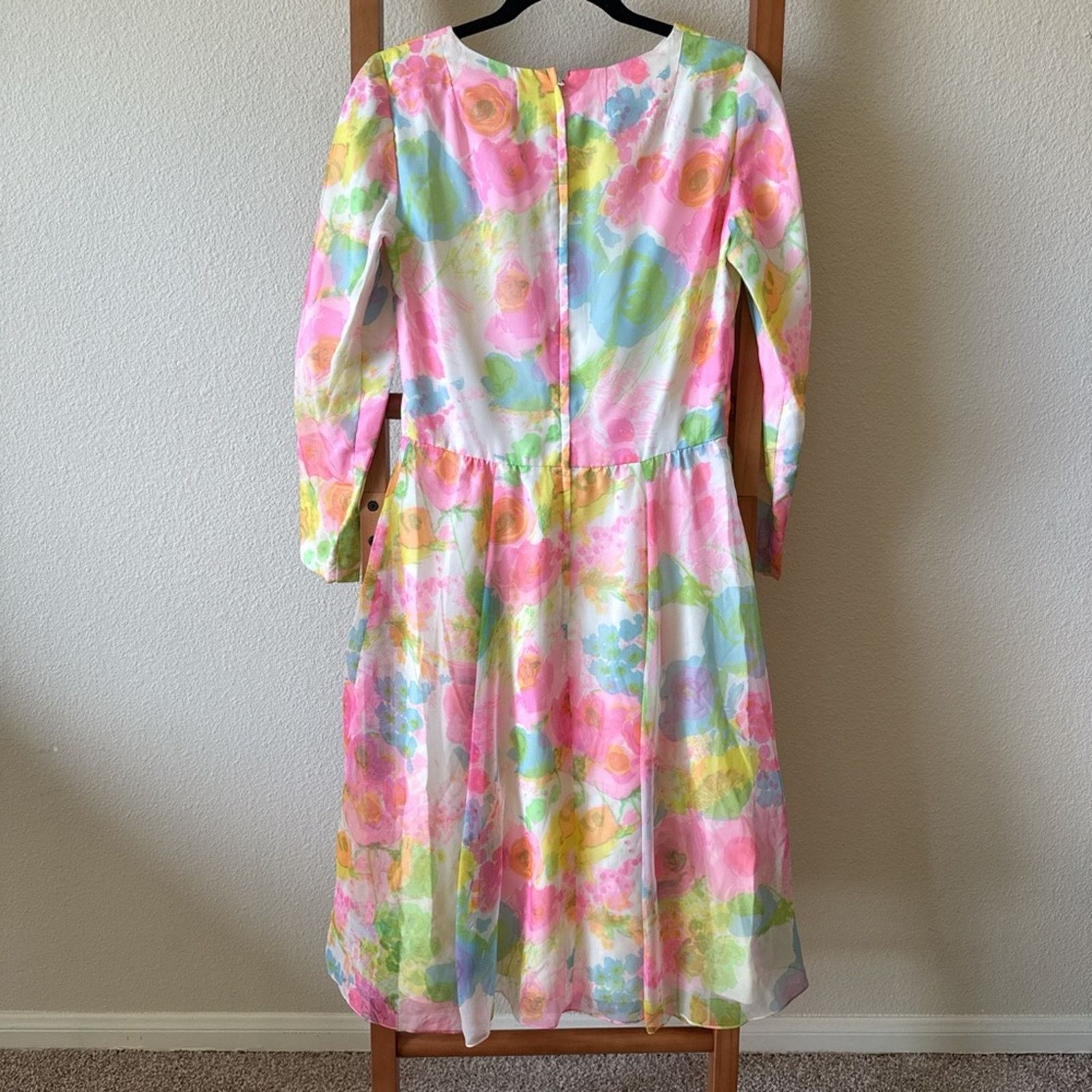 Other Vintage 1970 chiffon Posh Pastel Floral Long Sleeve Dress Size M / US 6-8 / IT 42-44 - 6 Thumbnail