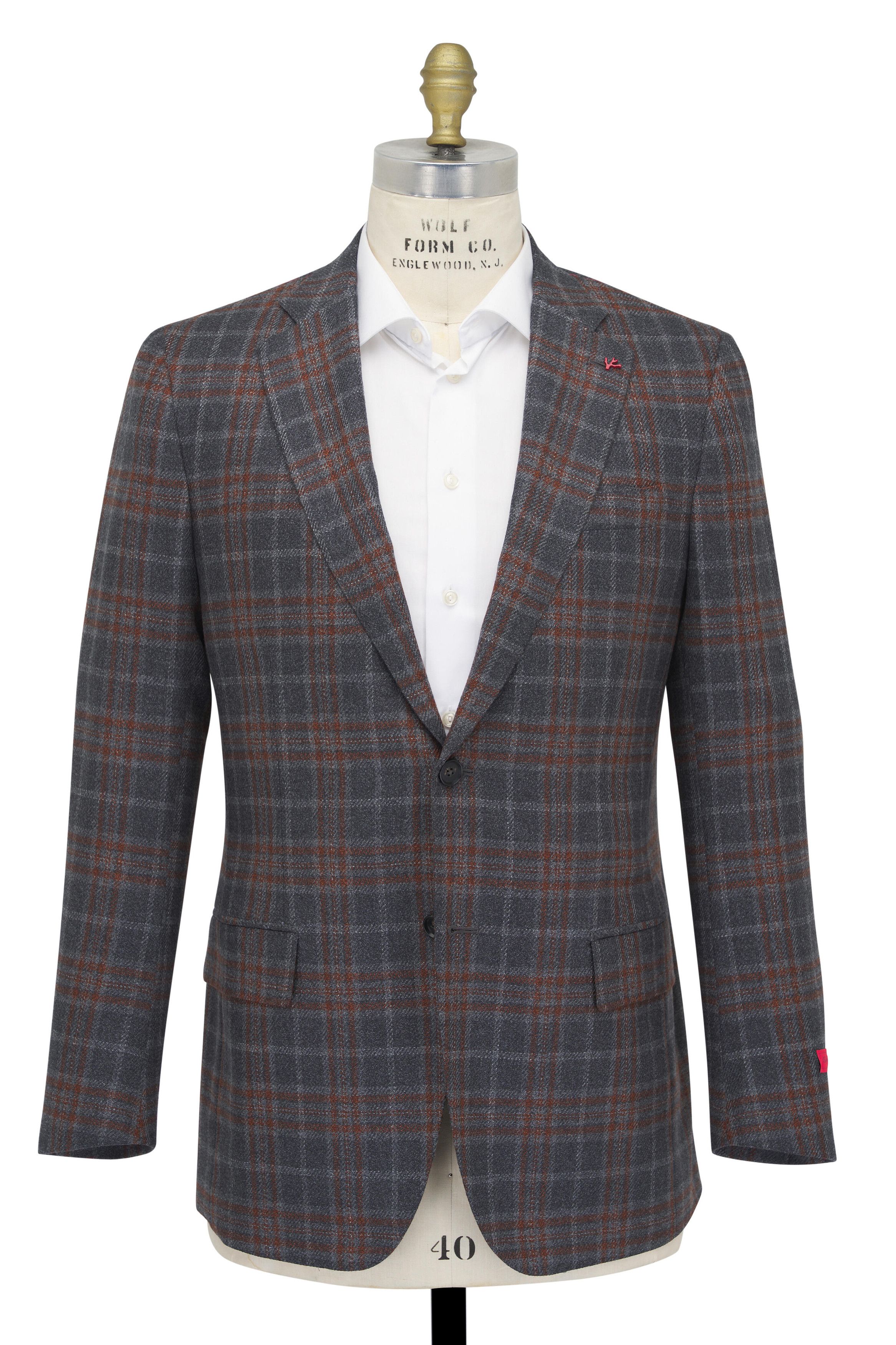 Isaia o1mtch0225 Windowpane Plaid Sportcoat in Grey/Orange Size US XL / EU 56 / 4 - 1 Thumbnail
