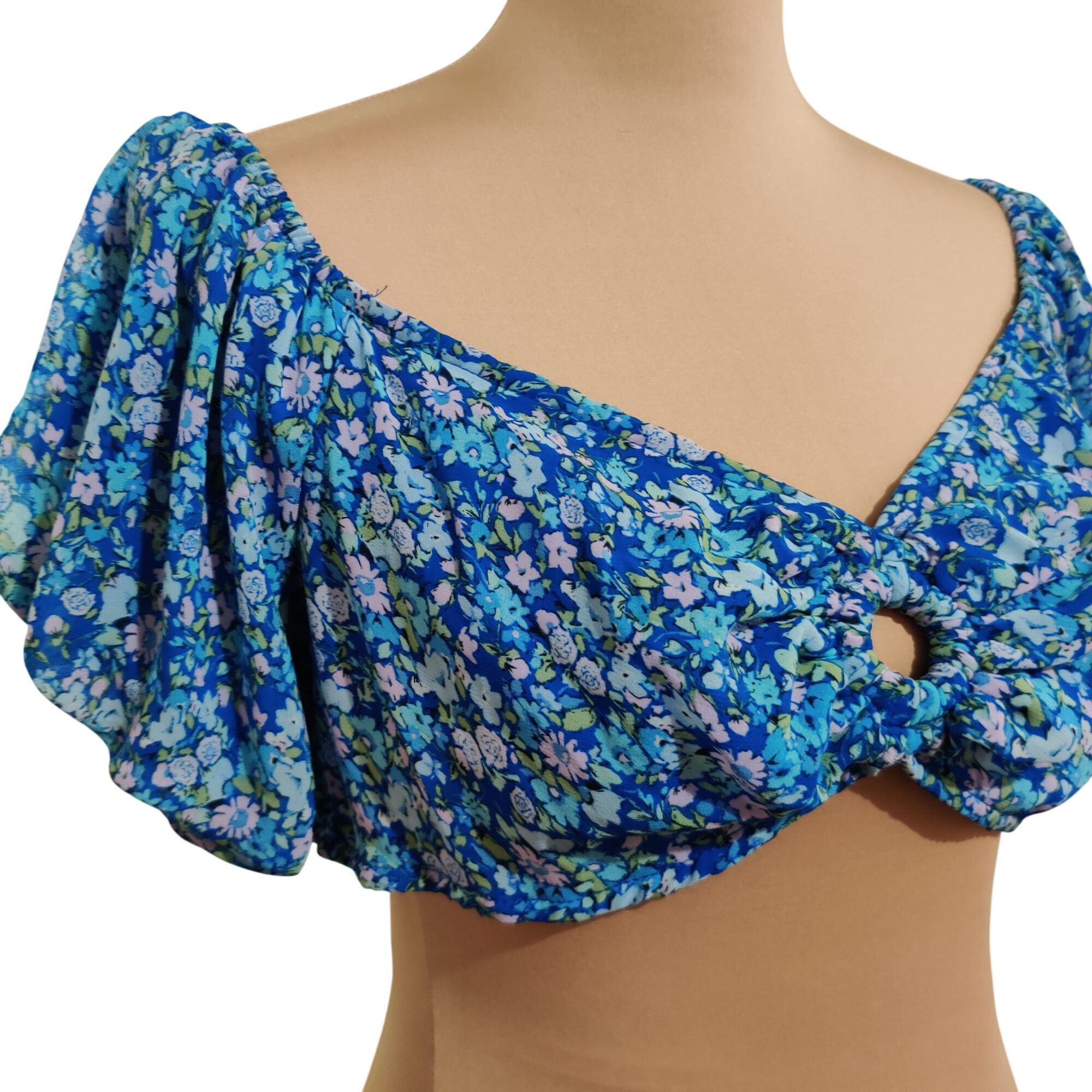 Other Wild Fable Womens Juniors Crop Top Puff Sleeve Lace Back Blu Size XL / US 12-14 / IT 48-50 - 2 Thumbnail