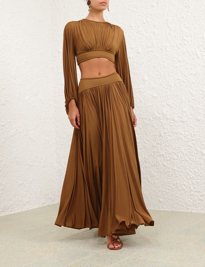 Zimmermann oc11z0226 Illuminate Gathered Maxi Skirt in Khaki Size 28" / US 6 / IT 42 - 7 Thumbnail