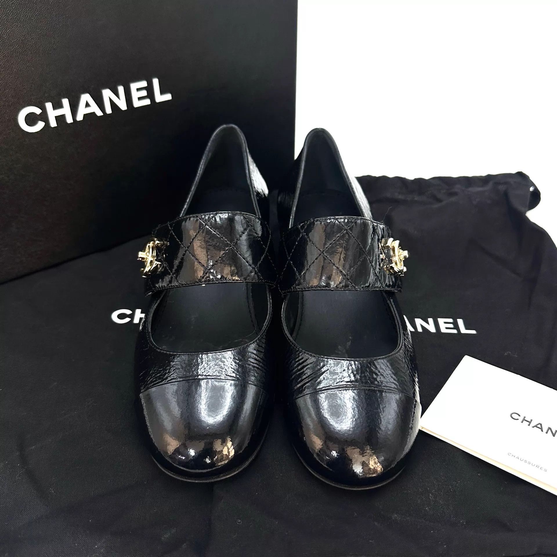 Chanel CHANEL Black & Gold Patent Block Heel Mary Jane 35 Size US 4.5 / IT 34.5 - 6 Thumbnail