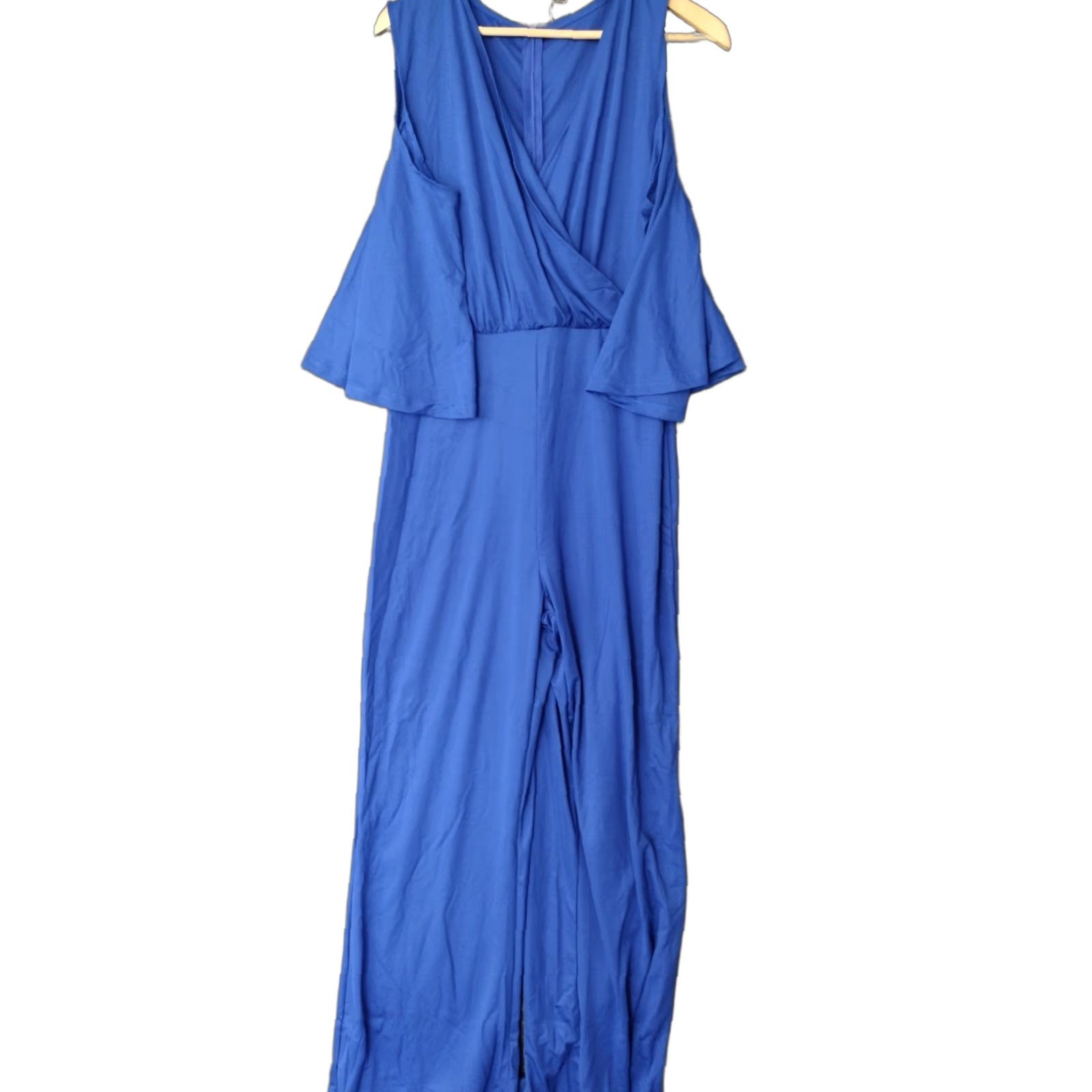 Vintage Women's Jumpsuit Casual 2XL V-Neck Short Sleeve Cold Shoulder Wide-Leg Blue Polyester Spandex One-Piece Size 40" / US 18 - 1 Thumbnail