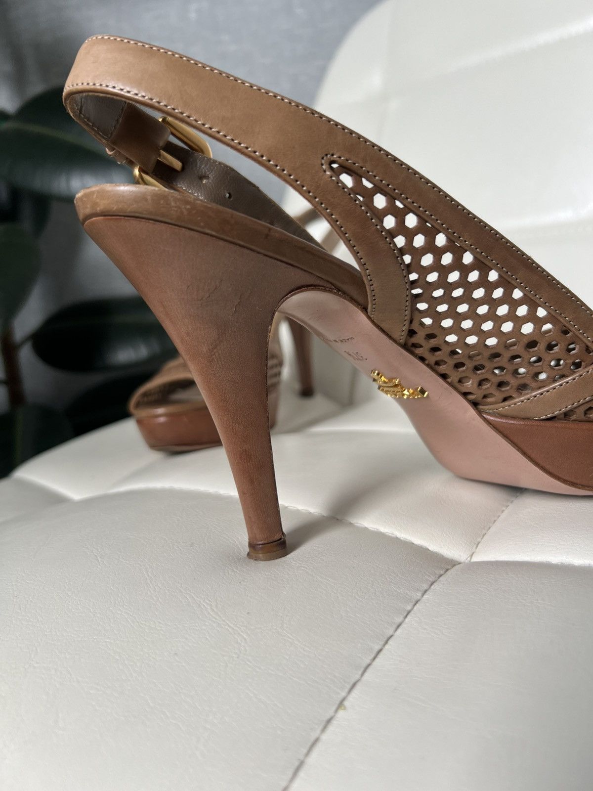 Prada Prada Brown Leather Cutout Peep Toe Slingback Platform Heels Size US 7.5 / IT 37.5 - 7 Thumbnail