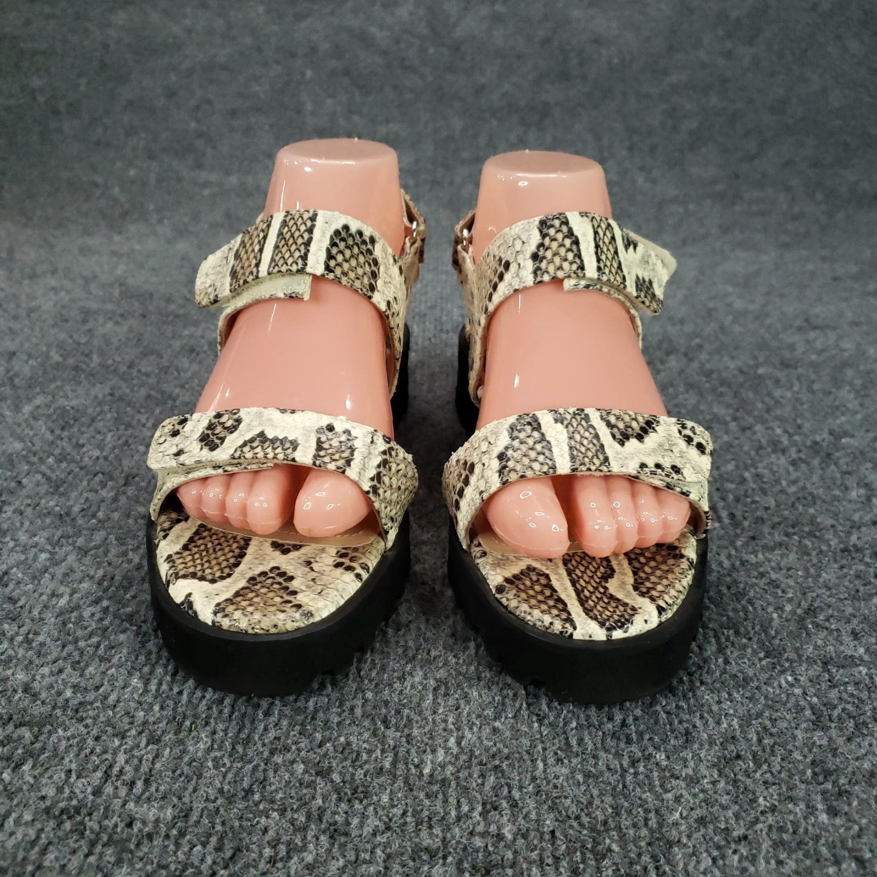 Vibram VINTAGE Ron White Sandals Womens 7 Snake Print Leather Platform Vibram Sole Italy Beige Strappy Adjustable Hook & Loop Slip Resistant Leather Insole Size US 7 / IT 37 - 2 Thumbnail