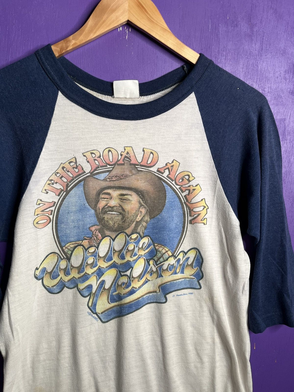 Band Tees × Vintage Vintage 1980 Willie Nelson on the road again ringer t-shirt Size US M / EU 48-50 / 2 - 3 Thumbnail