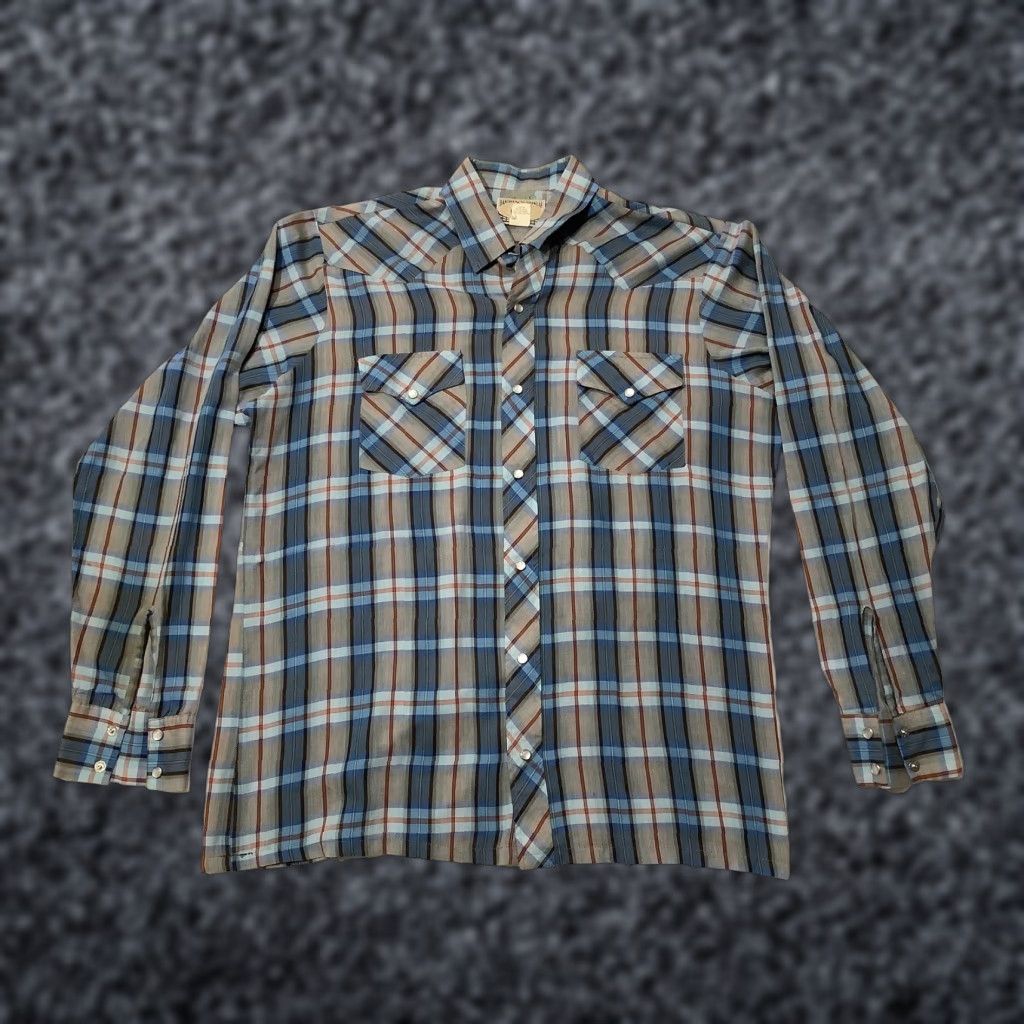 Vintage VINTAGE Ranchers Westernwear Shirt Mens Tall Large Blue Gray Plaid Pearl Snap Made USA Size US L / EU 52-54 / 3 - 1 Thumbnail