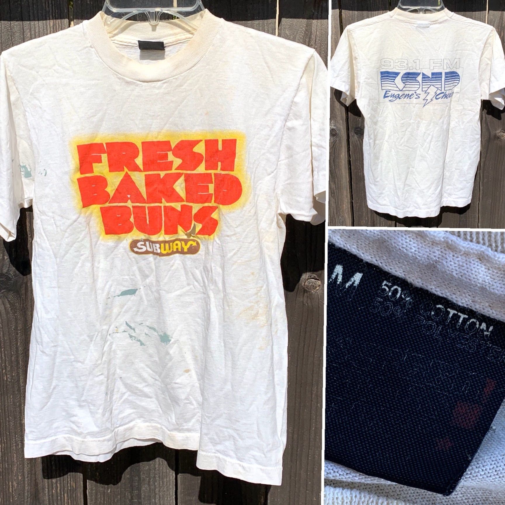 Vintage VINTAGE FRESH BAKED BUNS Subway 93.1 FM KSND Eugene’s Choice T Shirt M White Mens Graphic Tee 1990s Screen Stars Best Shirt Size US M / EU 48-50 / 2 - 5 Thumbnail