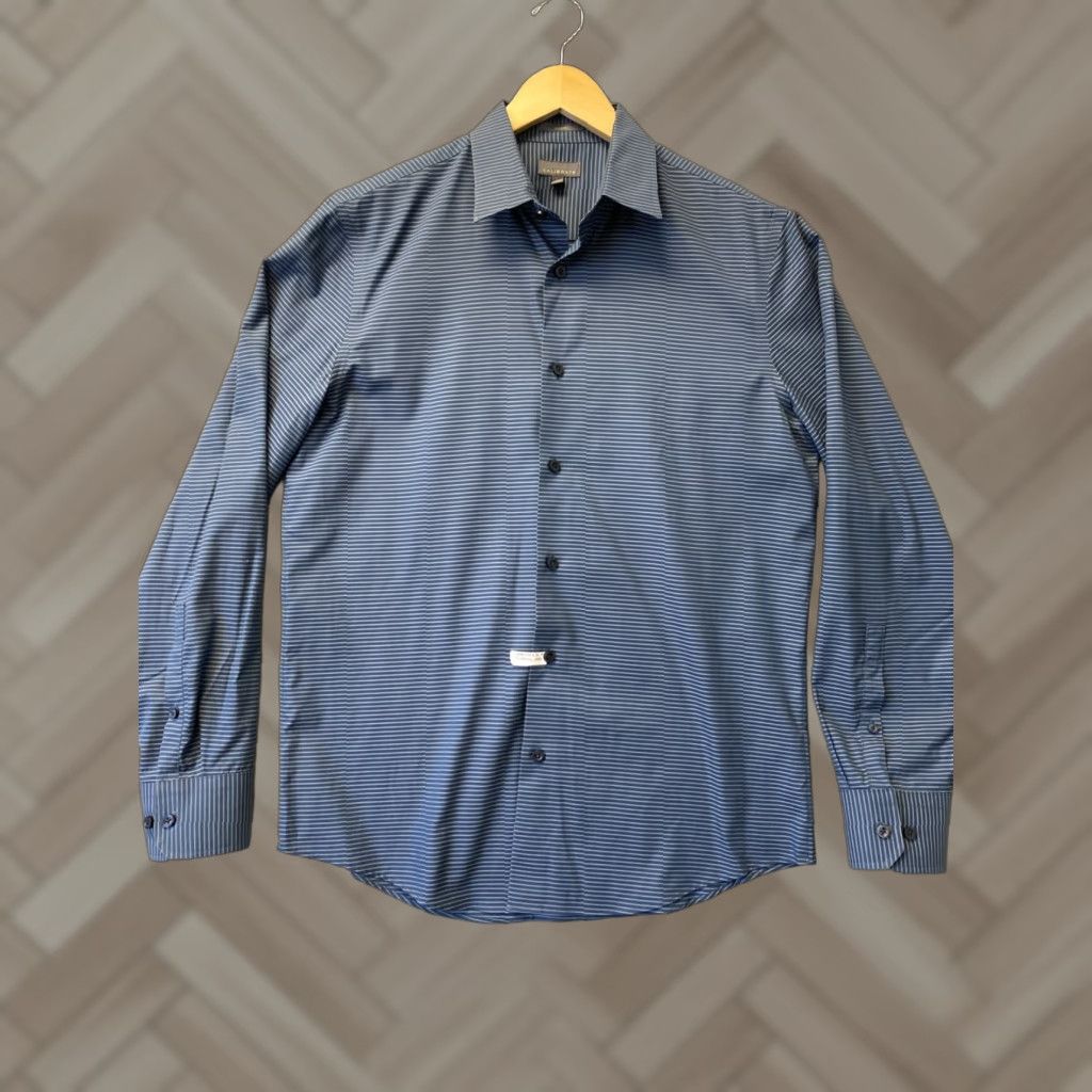 Vintage Calibrate Dress Shirt Men 15.5 Slim Indigo Striped Non-Iron Stretch 34/35 Button Collar Long Sleeve Modern Business Mens Size US M / EU 48-50 / 2 - 1 Thumbnail