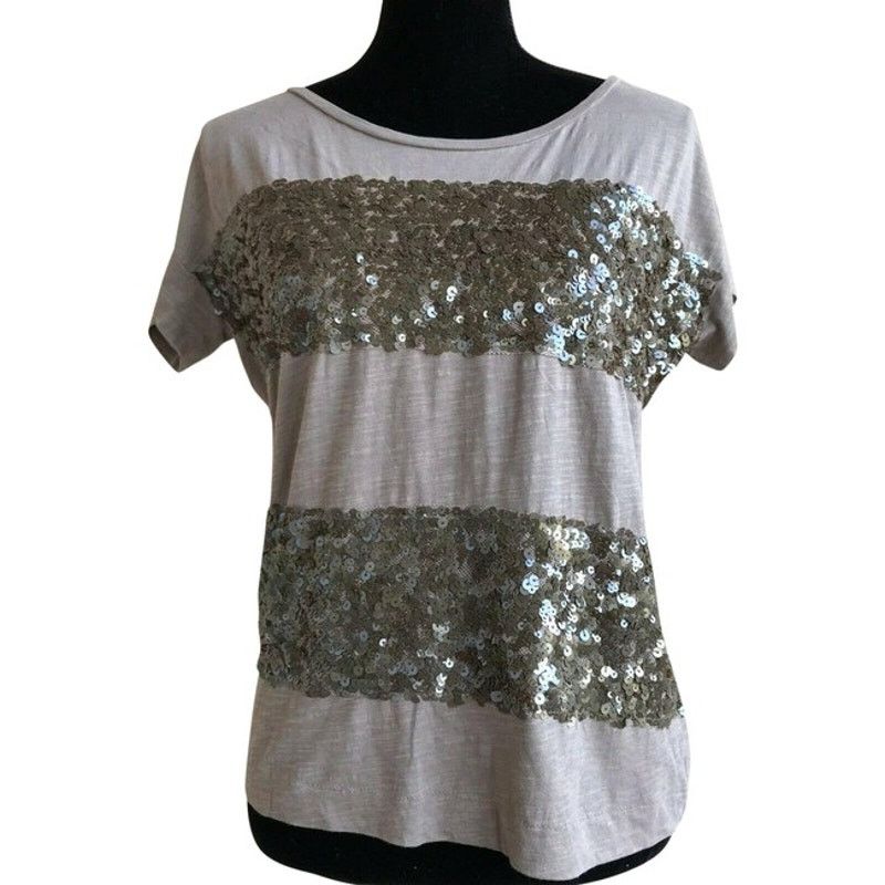 Loft LOFT Light Gray Sequined Striped Short Sleeve Top NEW Small Size S / US 4 / IT 40 - 2 Thumbnail