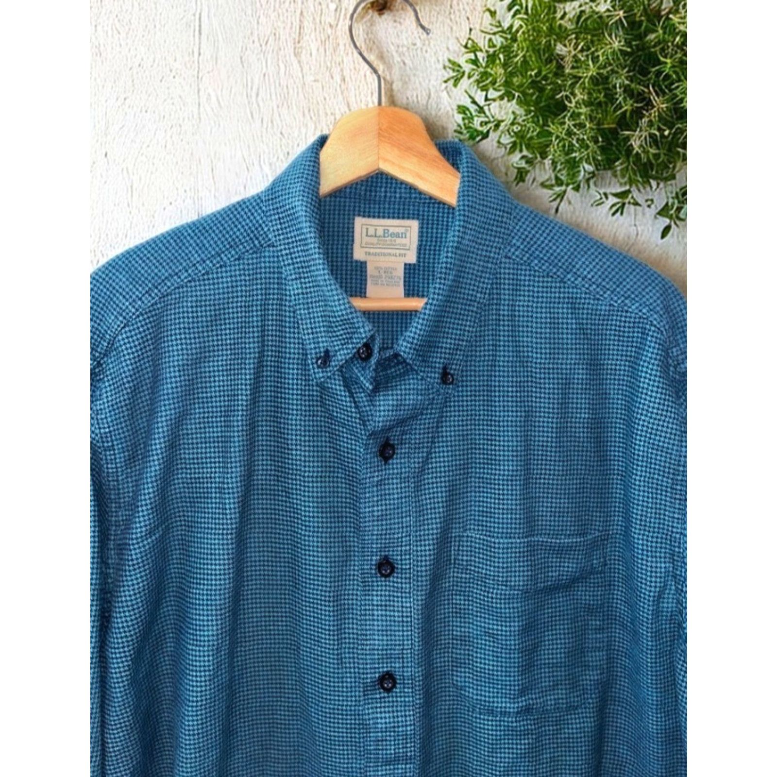 Vintage LL Bean Large Blue Green Houndstooth Button Down Shirt Traditional Fit Cotton Size US L / EU 52-54 / 3 - 2 Thumbnail