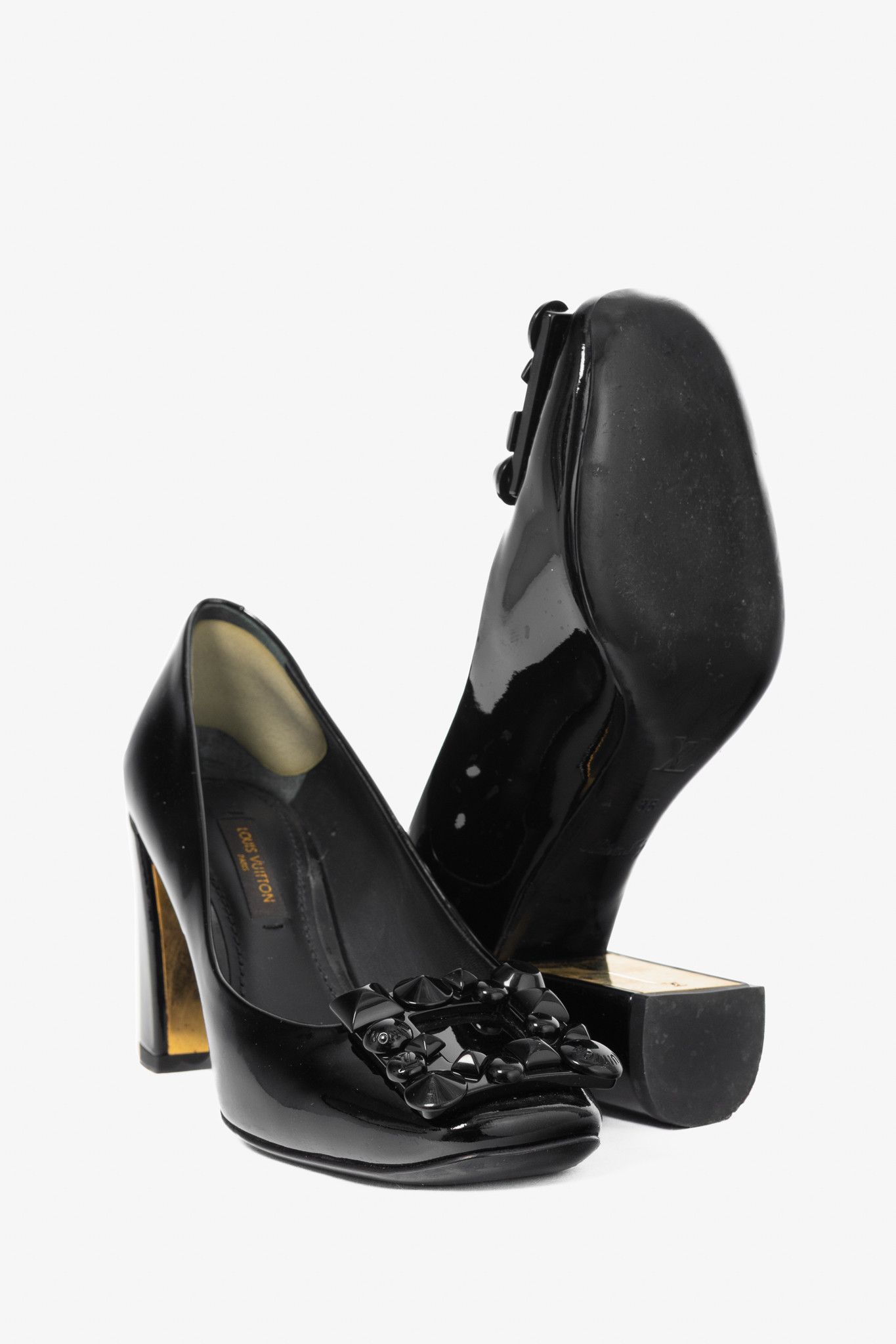 Louis Vuitton Louis Vuitton Black Patent Leather Embellished-Buckle Pumps Size US 4.5 / IT 34.5 - 4 Thumbnail