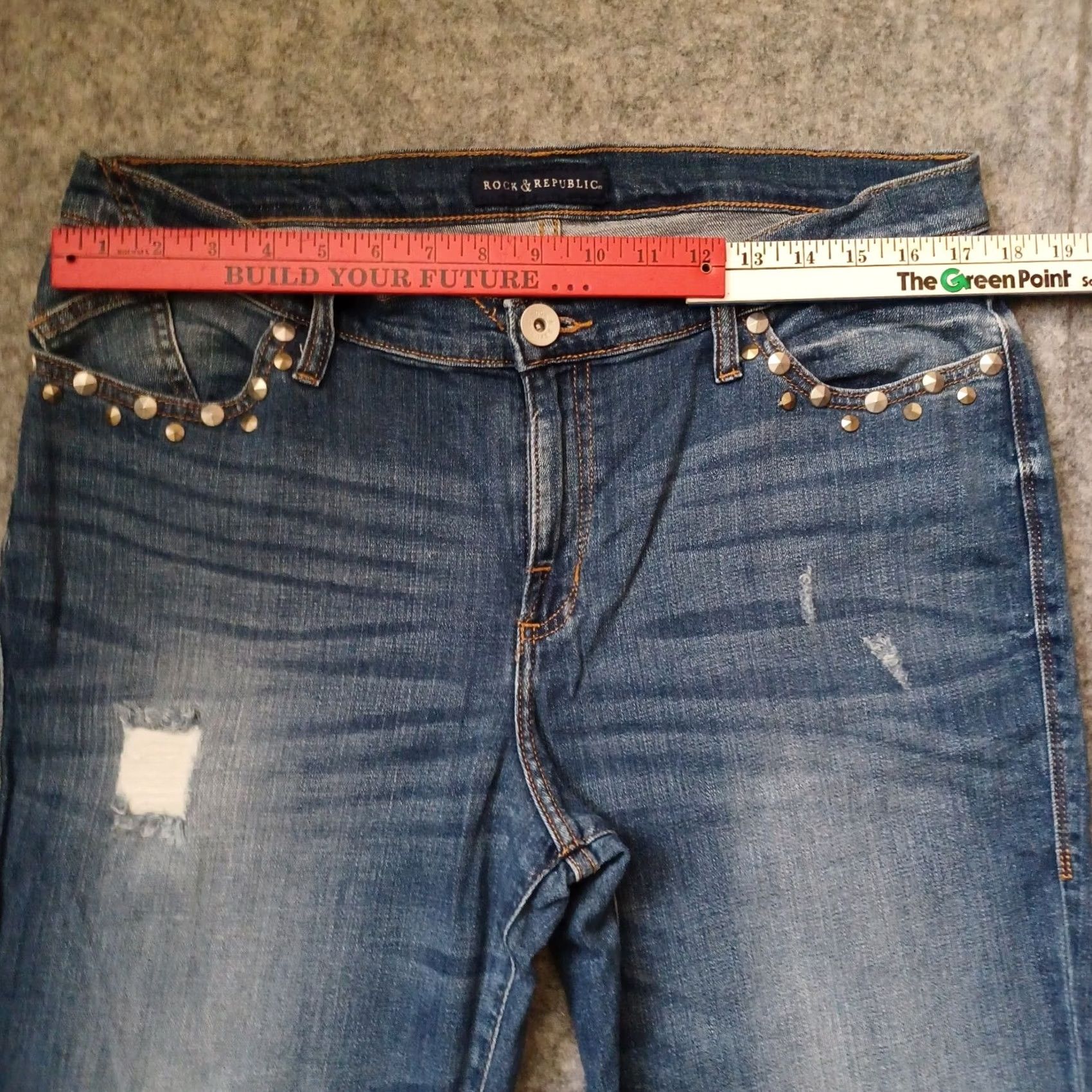 Vintage Rock & Republic Jeans 16 M Blue Indee Straight Distressed Logo Stud Pocket Denim Jeans Size 38" / US 16 / IT 52 - 7 Thumbnail