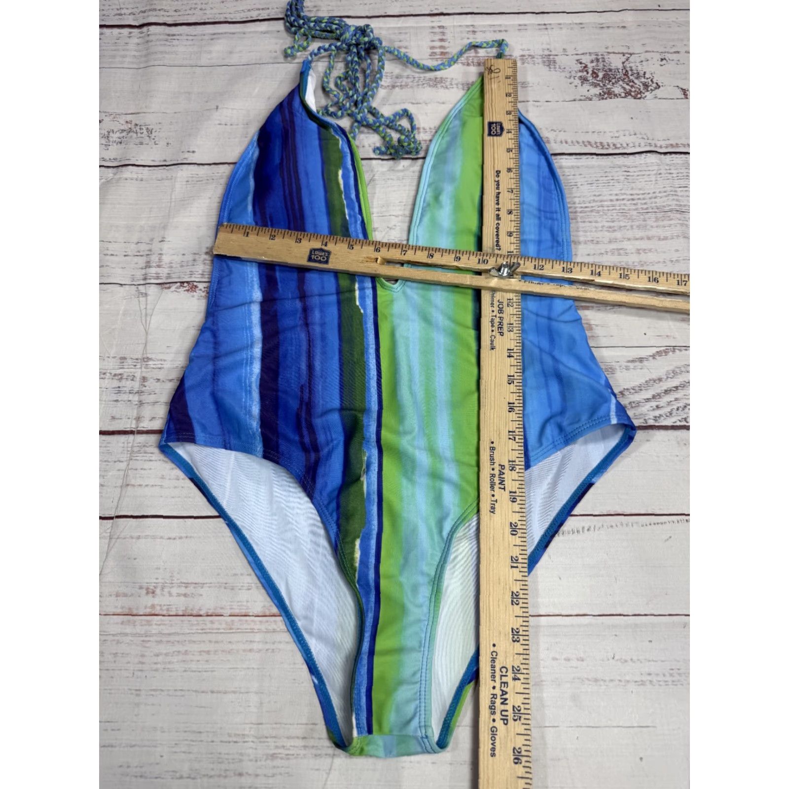 Vintage Women's Blue Green Stripe One Piece Swim Suit Deep V-Neck Open Back Sz L NWT Size L / US 10 / IT 46 - 2 Thumbnail