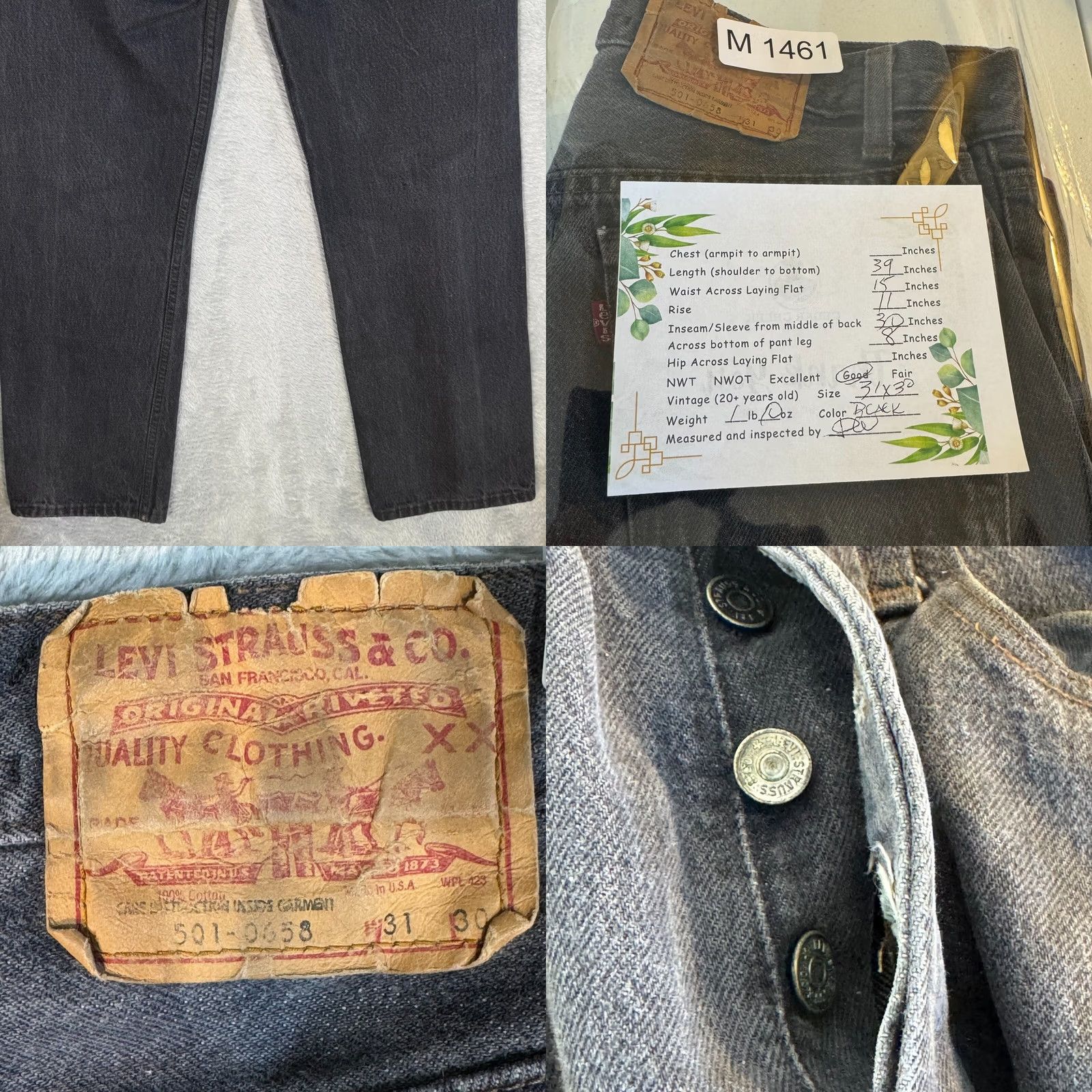 Levi's VINTAGE Levi’s 501 Jeans Men’s 31 x 30 Black Denim Button Fly Straight Leg Size US 31 - 8 Thumbnail