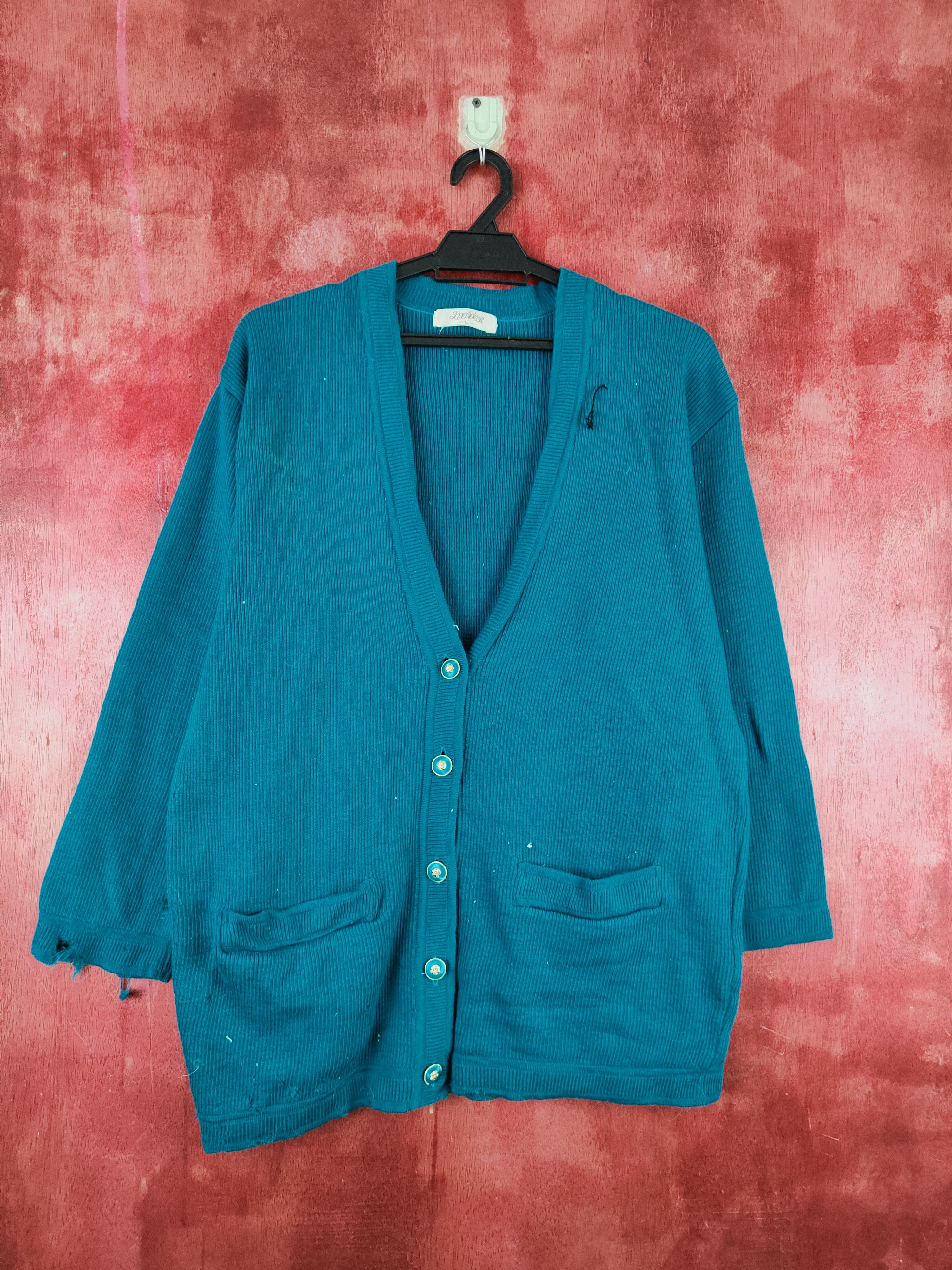 Japanese Brand × Vintage Leod'or Turquoise distressed ripped Knitwear Cardigan #S2012 Size L / US 10 / IT 46 - 1 Thumbnail