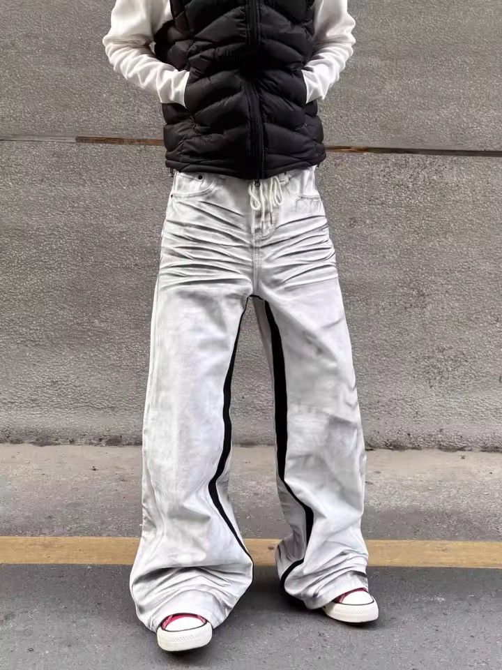 Japanese Brand Stacked Ruched Flare Denim – White Grey Wash Cargo Carpenter Size US 27 - 7 Thumbnail