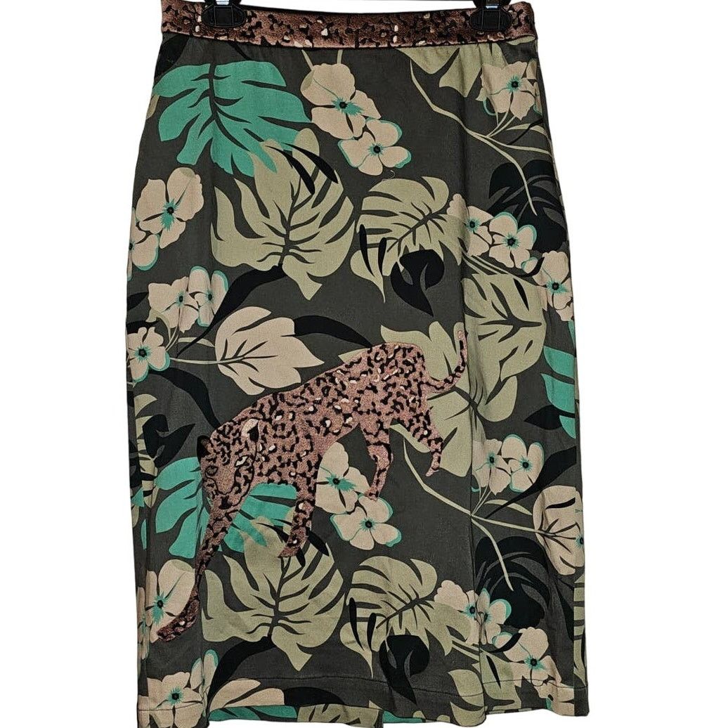 Anthropologie New Eva Franco Embroidered Leopard Tropical Print Midi Skirt Size 30" / US 8 / IT 44 - 1 Thumbnail
