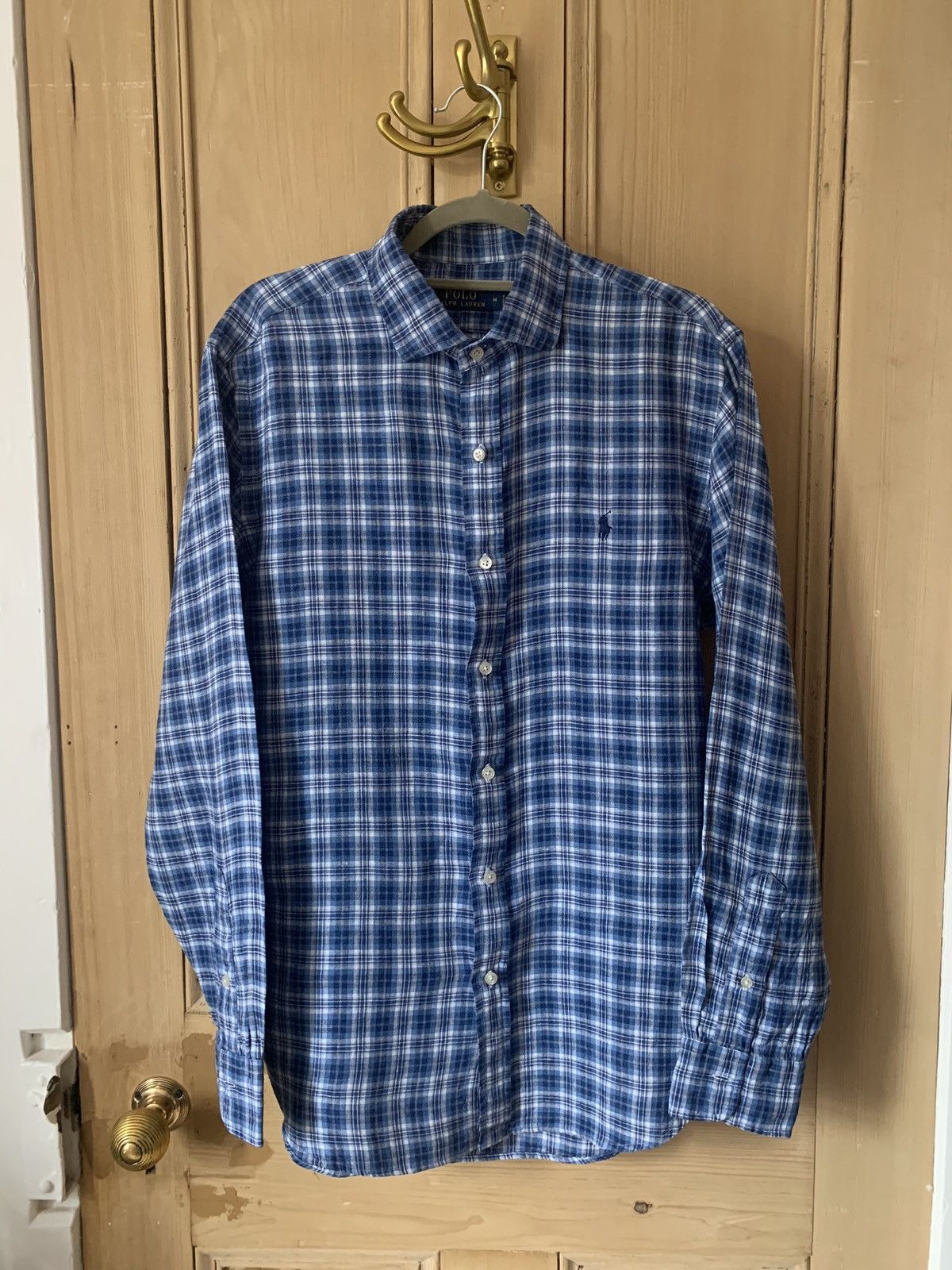 image of Polo Ralph Laurent Blue Check Long Sleeve Linen Shirt, Men's (Size Medium)
