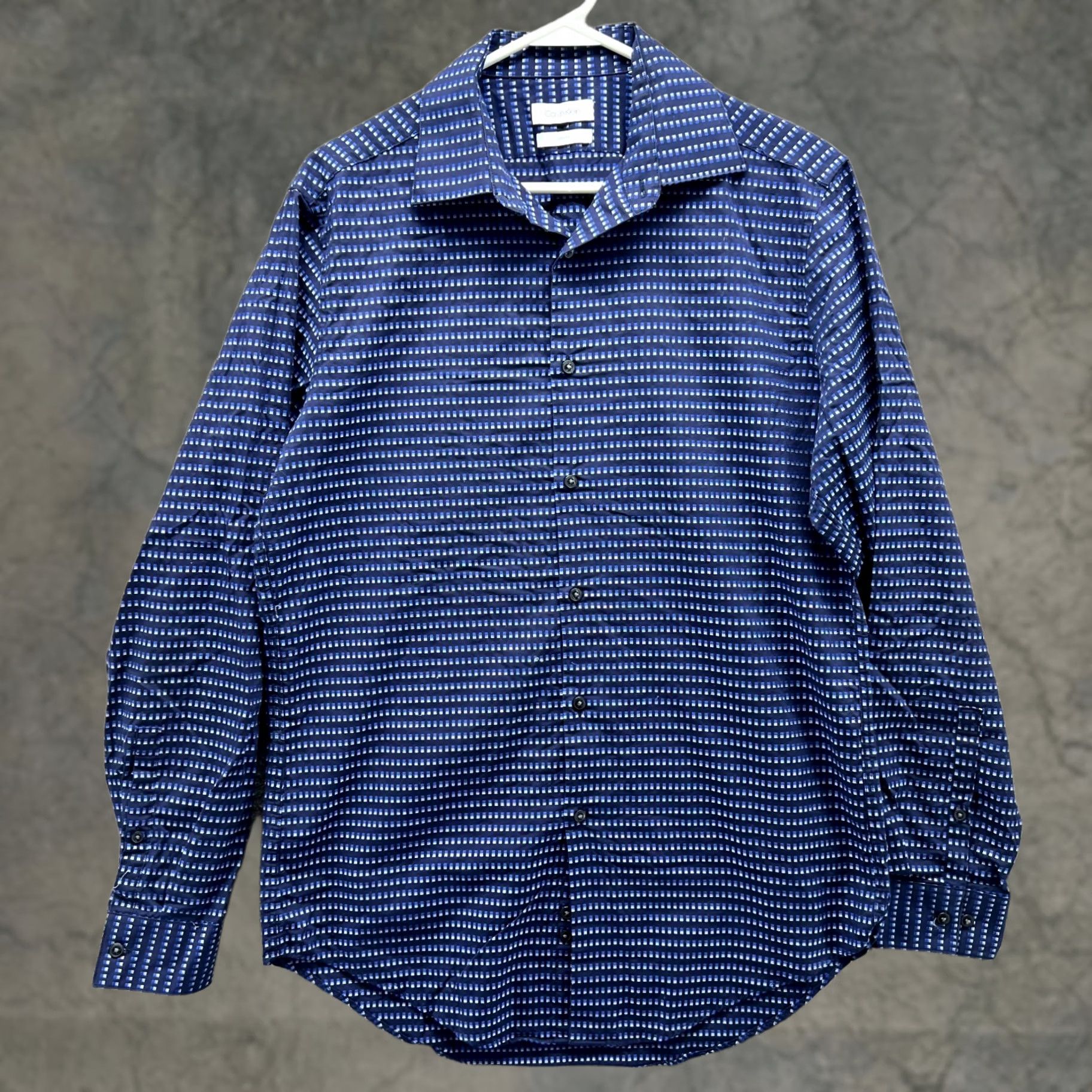 Calvin Klein Calvin Klein Shirt Mens Large Blue Navy Button Down Dress Slim Patterned Dots Size 42R - 1 Thumbnail
