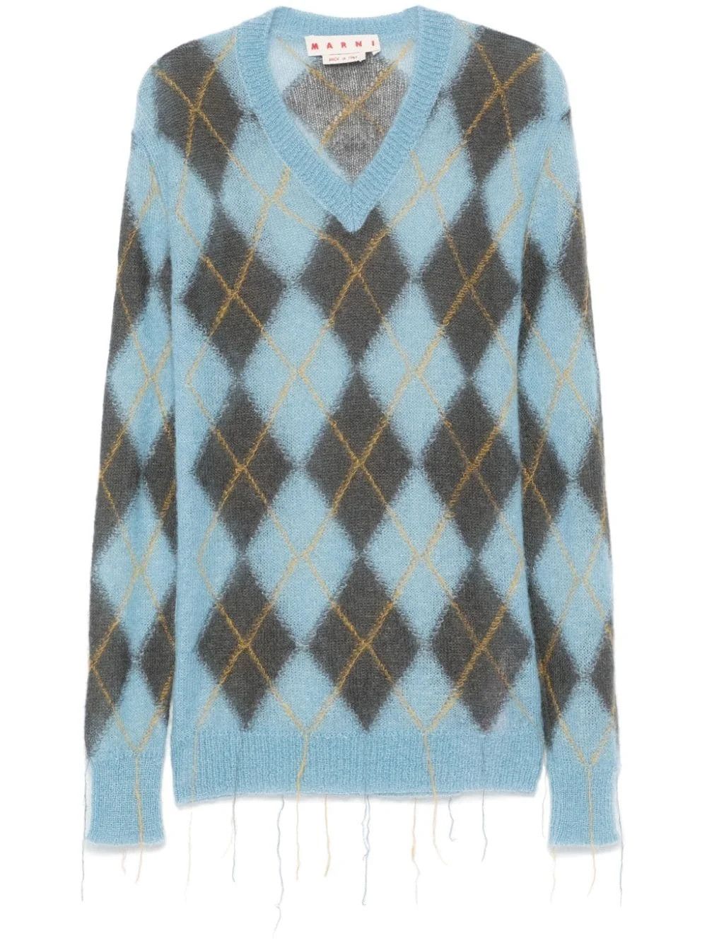 Marni o1w1db11125 Argyle-Intarsia Sweater in Light Blue Size US XL / EU 56 / 4 - 1 Thumbnail