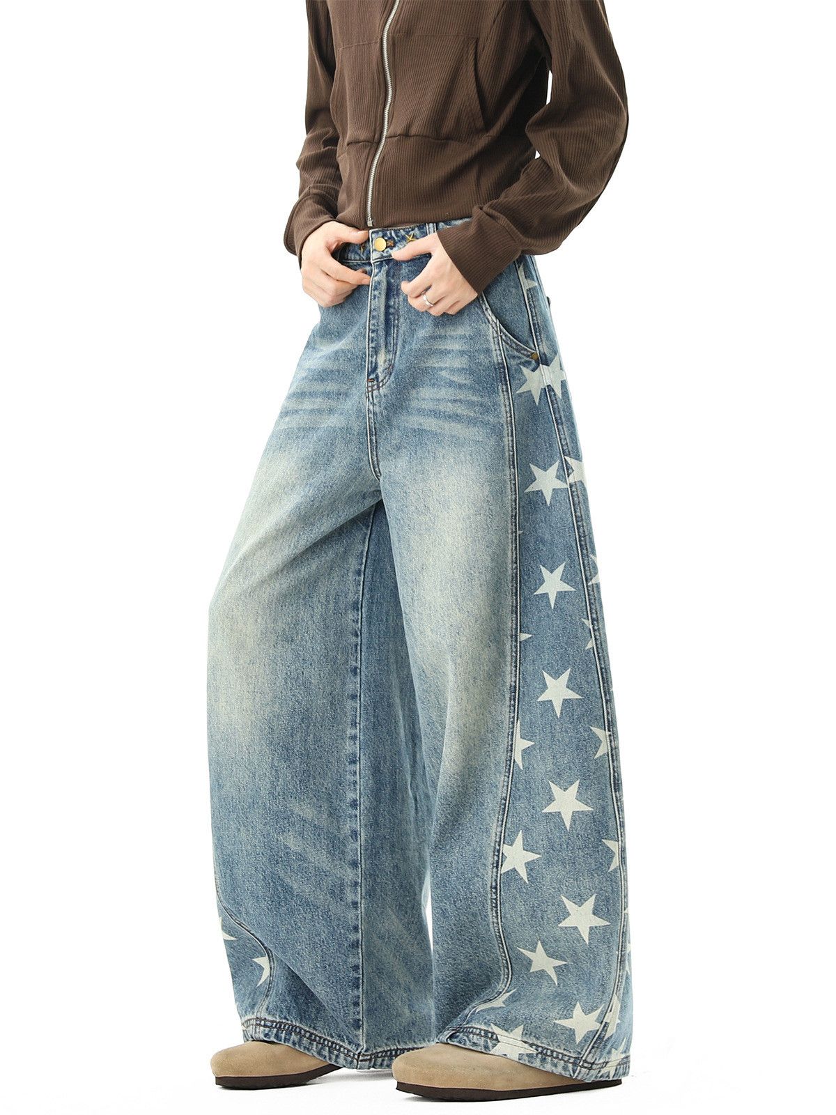Japanese Brand American High-Street Star-Print Curved-Leg Jeans Size US 32 / EU 48 - 2 Thumbnail