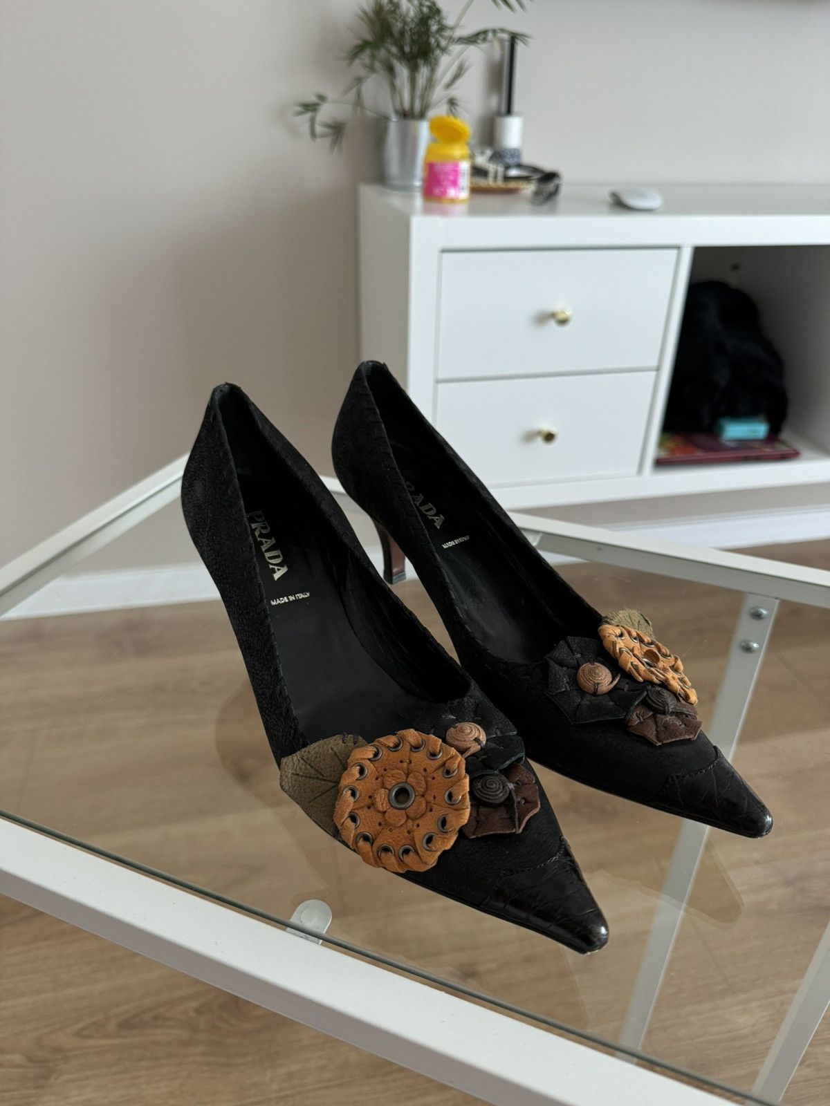 Prada Prada heels shoes black with flowers Italy vintage rare Size US 7.5 / IT 37.5 - 1 Thumbnail