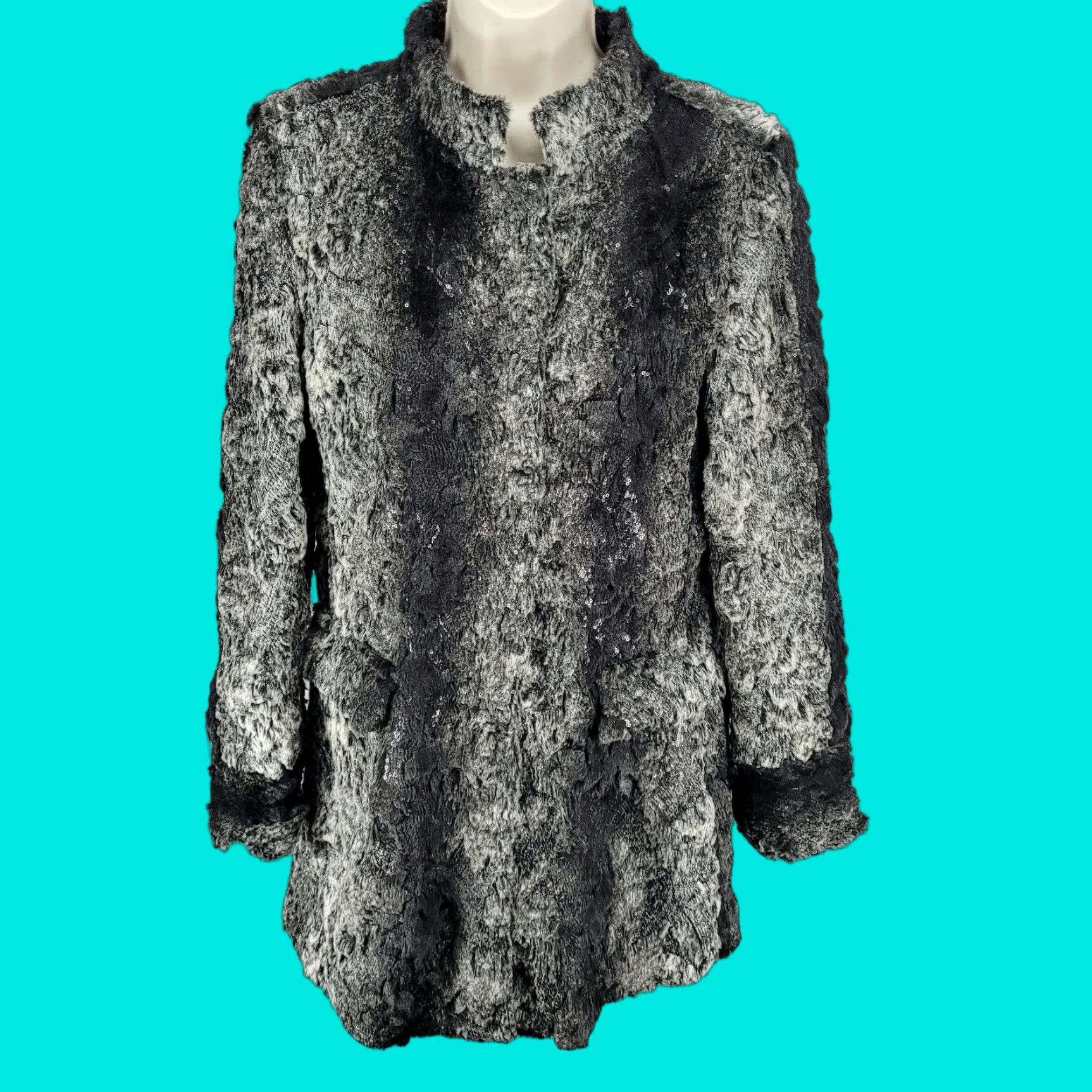 Vintage Stevie Mac New York Grey Faux Fur Sequin Pockets Snap Lined Over Coat Womens Size L / US 10 / IT 46 - 1 Thumbnail