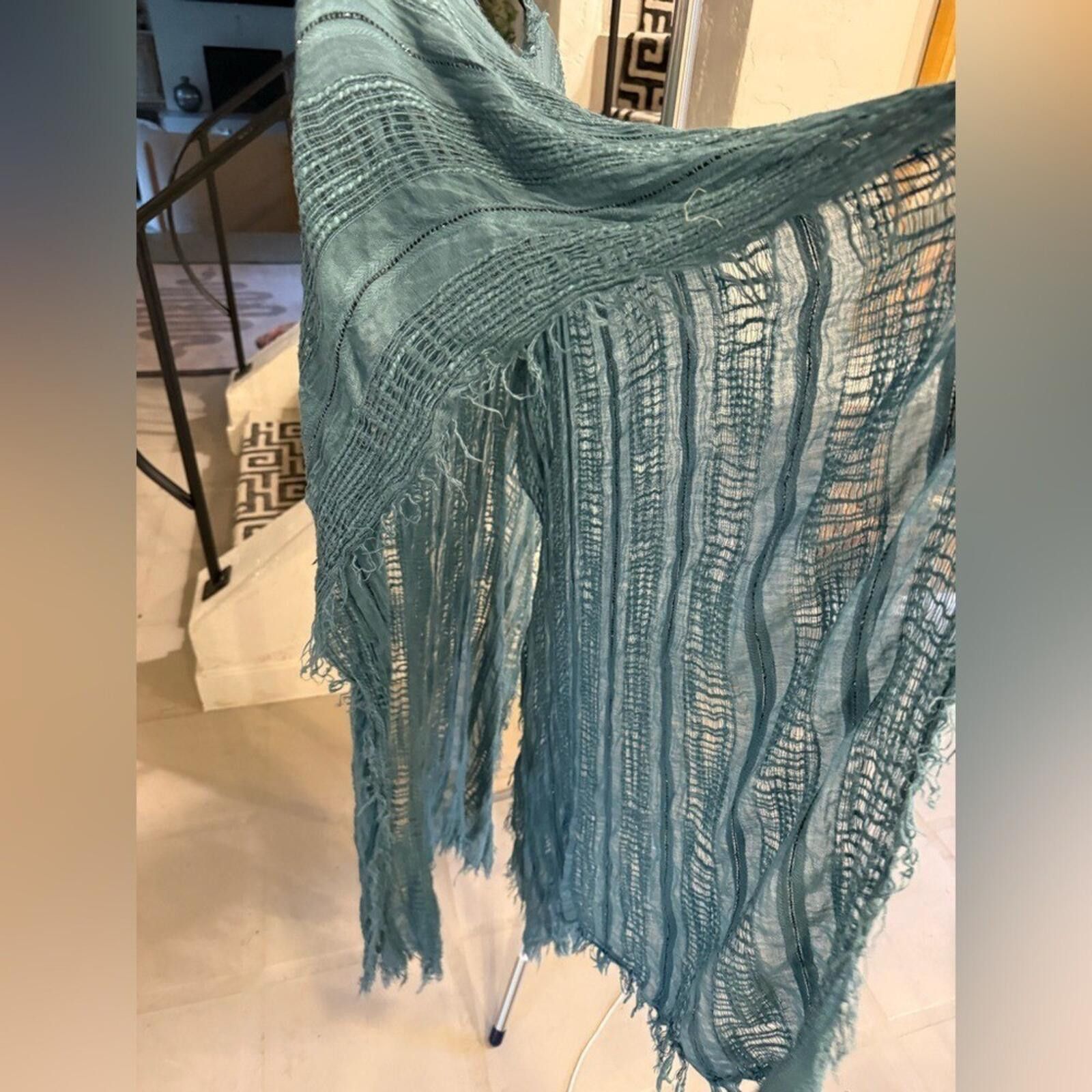 Free People Free People Teal Fringe Open Knit Poncho Cover Up OS Size ONE SIZE - 6 Thumbnail