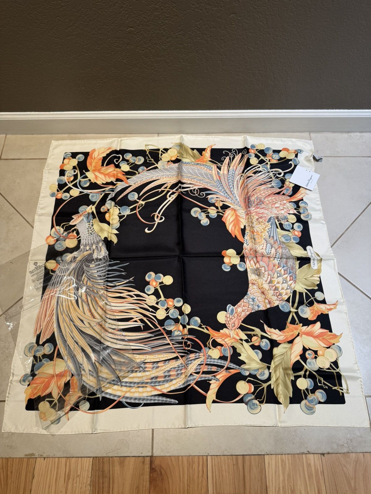 Salvatore Ferragamo *NEW* Ferragamo Silk Scarf Navy/Cream/Multi Peacock Size ONE SIZE - 1 Thumbnail