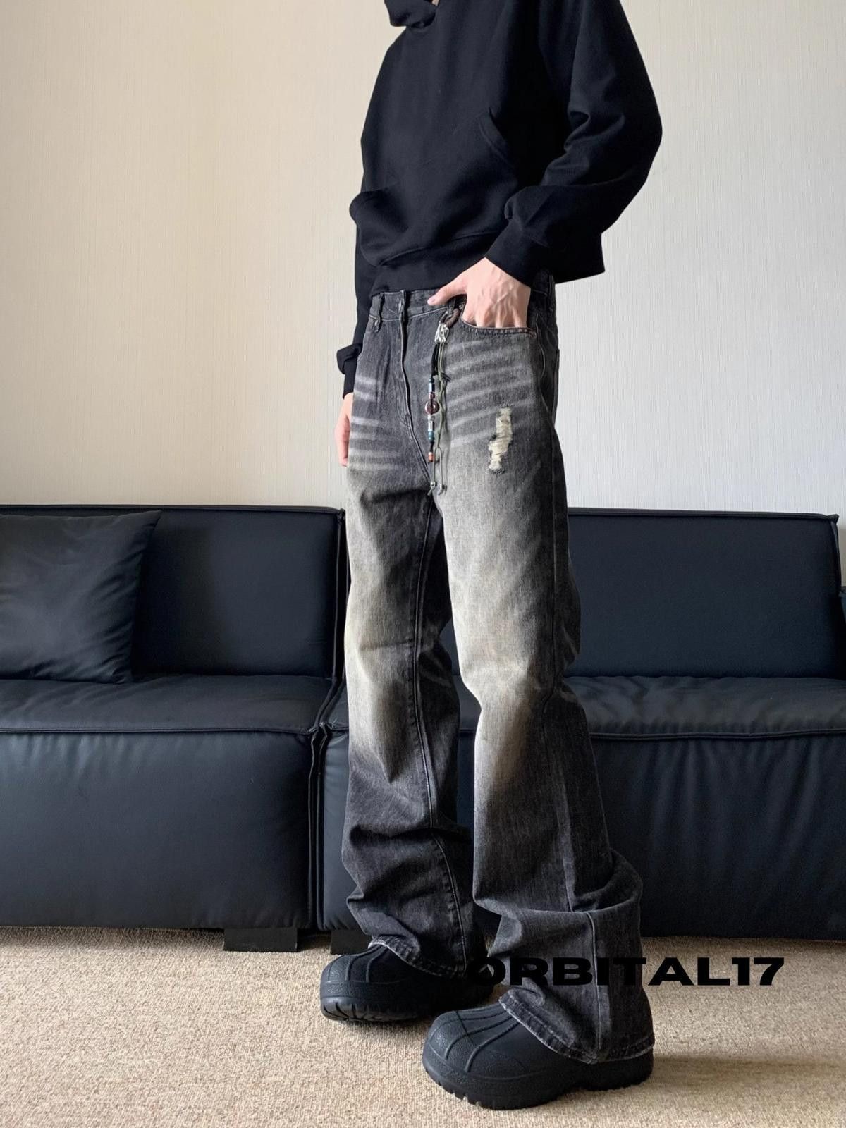Japanese Brand Washed Distressed Baggy Wide Leg Flare Denim Jeans Size US 30 / EU 46 - 3 Thumbnail