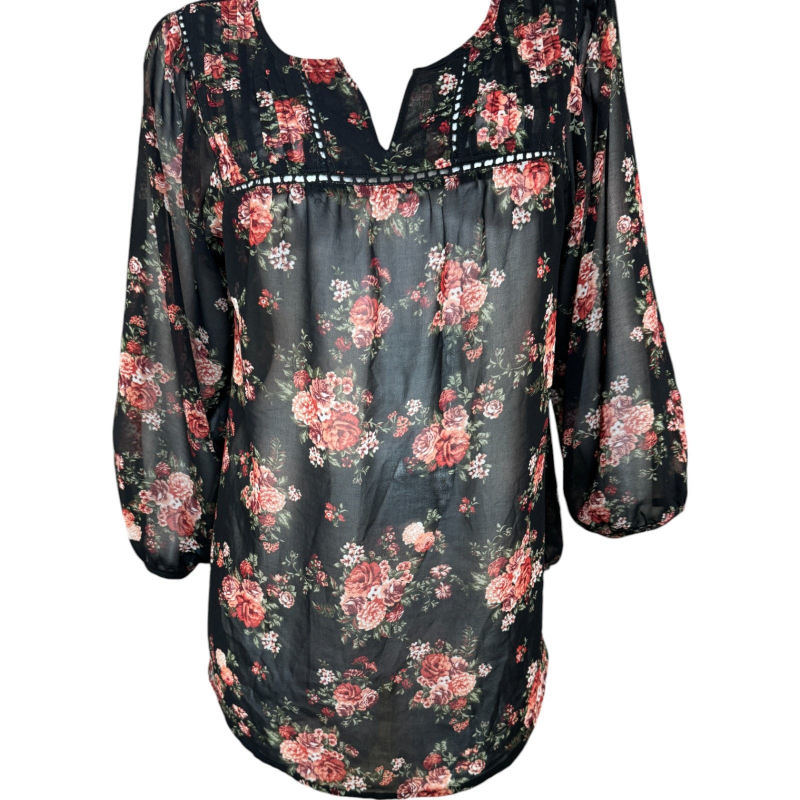 Other Mine Women Large Black Floral Sheer 3/4 Length Sleeve Blouse Size L / US 10 / IT 46 - 1 Thumbnail