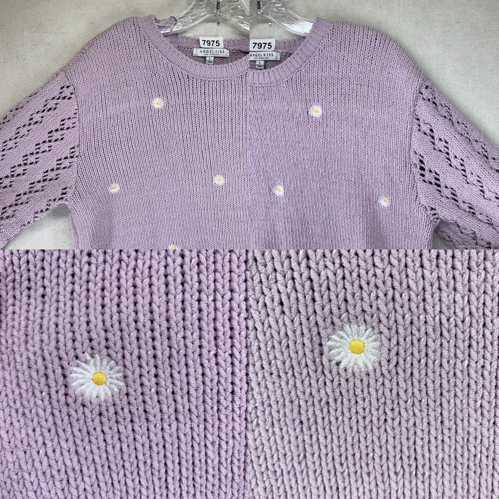Vintage Women's Large Lavender Daisy Knit Crop Pullover Stretchy Sweater Breathable Size L / US 10 / IT 46 - 8 Thumbnail