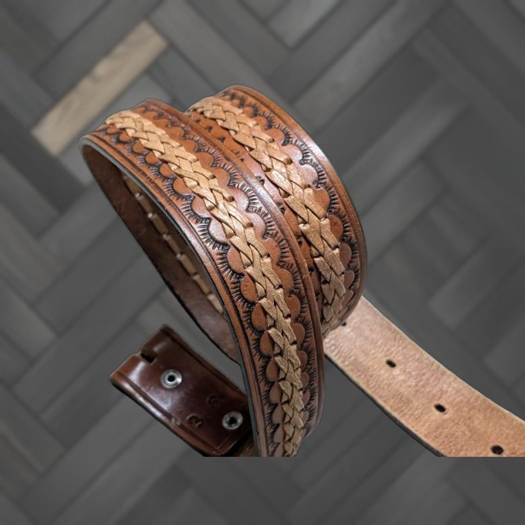 Vintage VINTAGE handcrafted western belt for Men 34 brown cowhide leather Tooled Braided buckle belt 1-3/8" width Size 34 - 1 Thumbnail