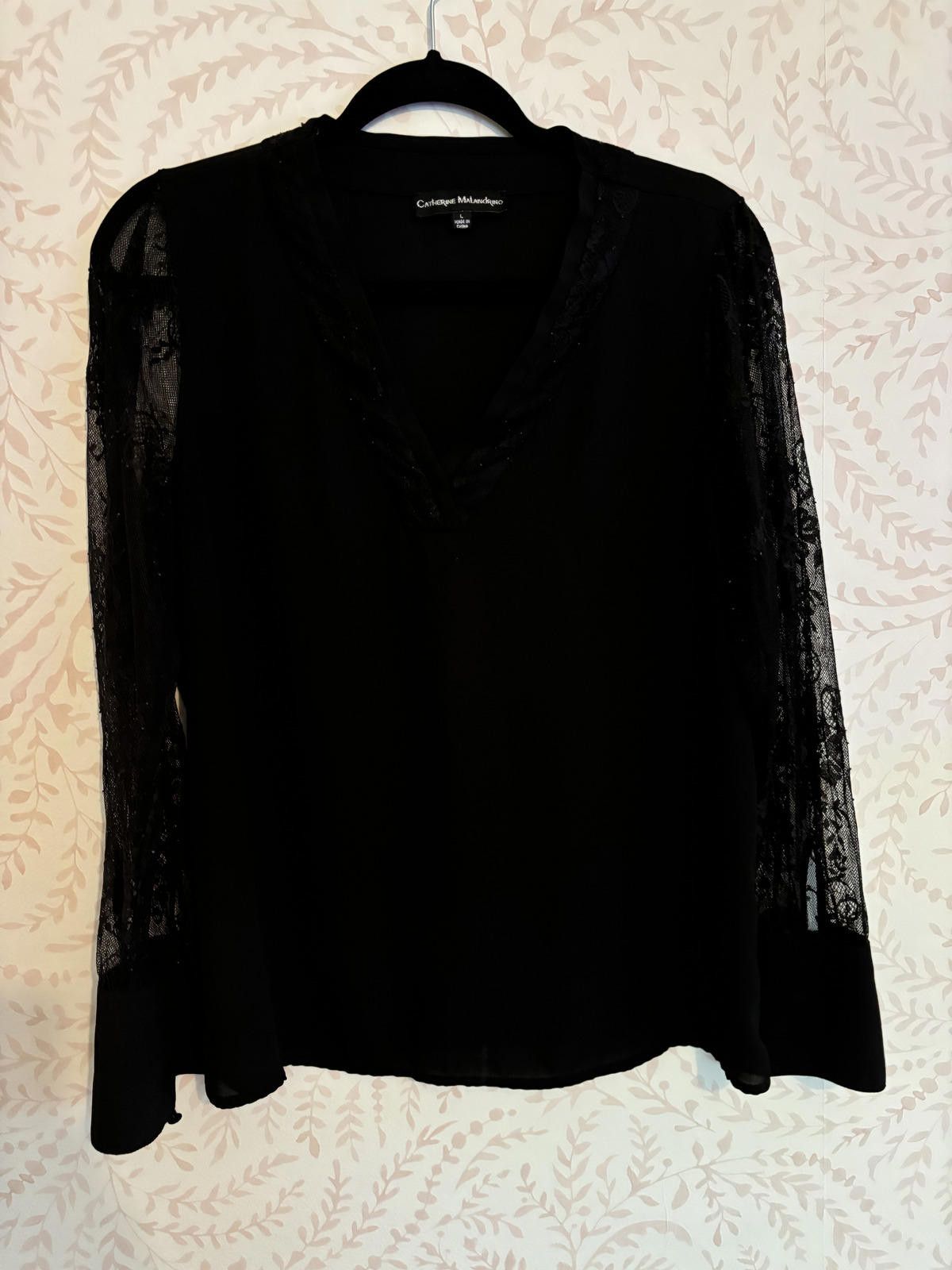 Designer Catherine Malandrino Elegant Black Lace Sleeve Blouse L Size L / US 10 / IT 46 - 1 Thumbnail