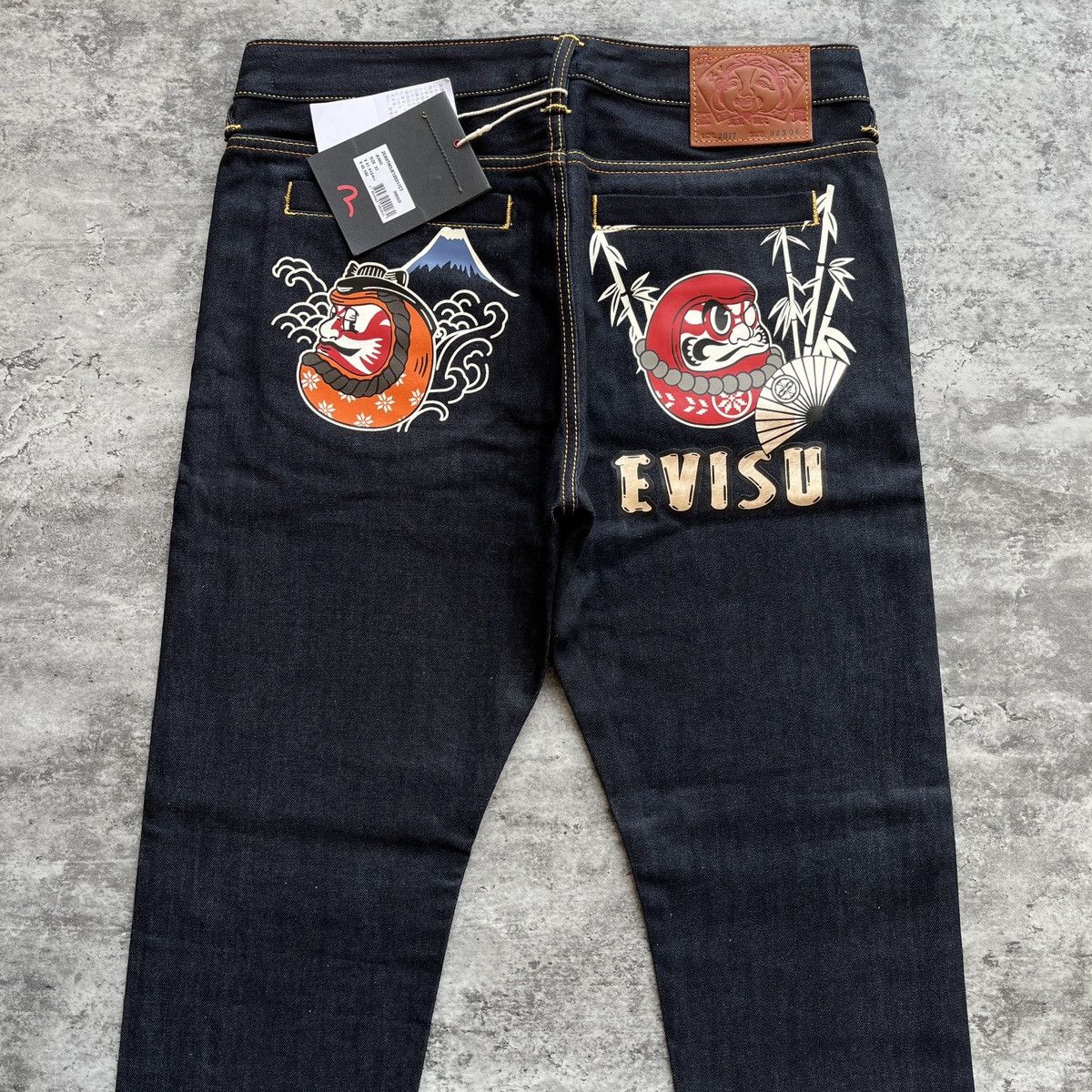 Evisu Kumadori Daruma Print Carrot Fit Selvedge Jeans