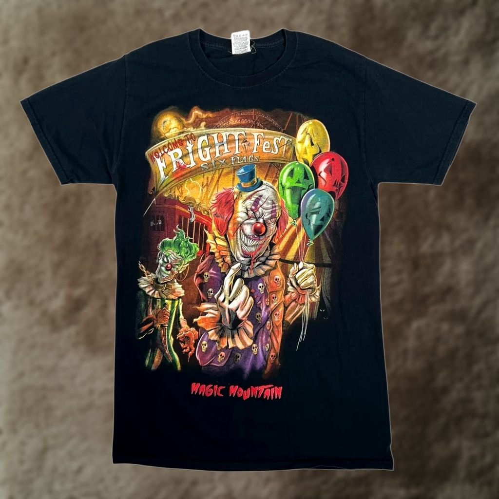 Fruit Of The Loom Six Flags Fright Fest Magic Mountain T-Shirt Mens Small Black Clown Halloween Shirt Size US S / EU 44-46 / 1 - 1 Thumbnail