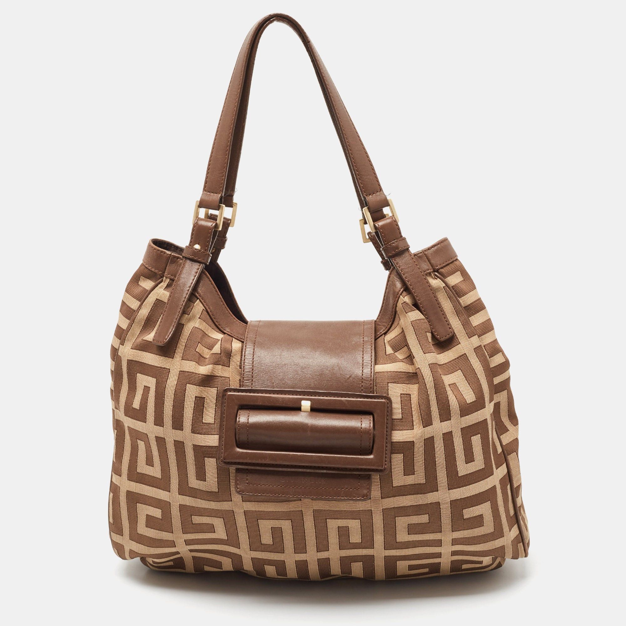 image of Givenchy Brown/beige Monogram Canvas And Leather Buckle Flap Hobo, Women's