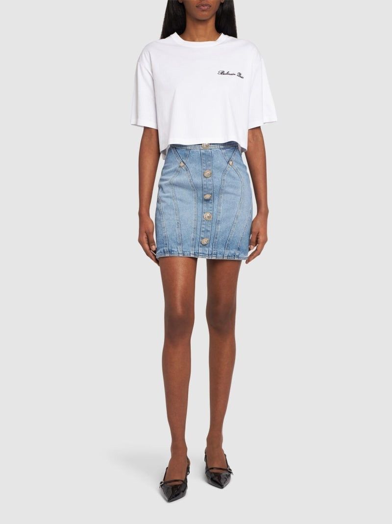 Balmain o1s1wg110725 Stretch Cotton Denim Mini Skirt in Blue Size 26" / US 2 / IT 38 - 4 Thumbnail
