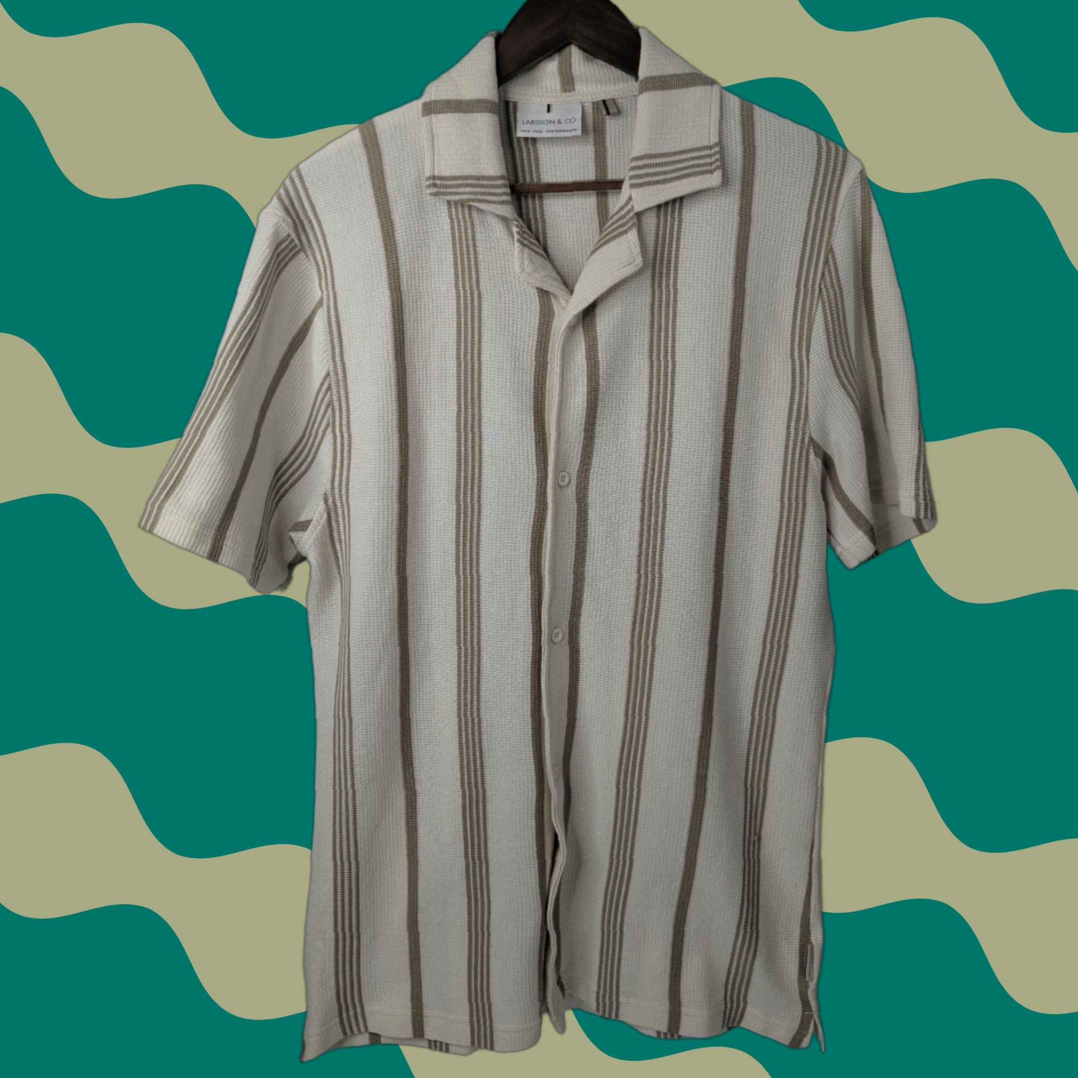 Vintage Larsson & Co. Beige Textured Striped Short Sleeve Button Camp Shirt Mens M Size US M / EU 48-50 / 2 - 1 Thumbnail