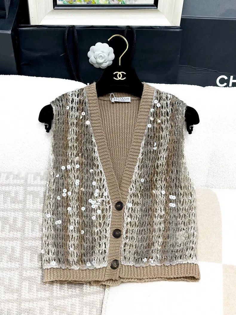 Brunello Cucinelli Brunello Cucinelli Caramel Khaki Color Mixed Sequin Knitte Size XS / US 0-2 / IT 36-38 - 1 Thumbnail