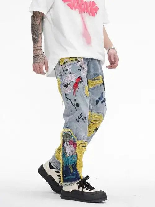 Japanese Brand Retro heavy embroidery ripped washed distressed jeans Size US 32 / EU 48 - 3 Thumbnail