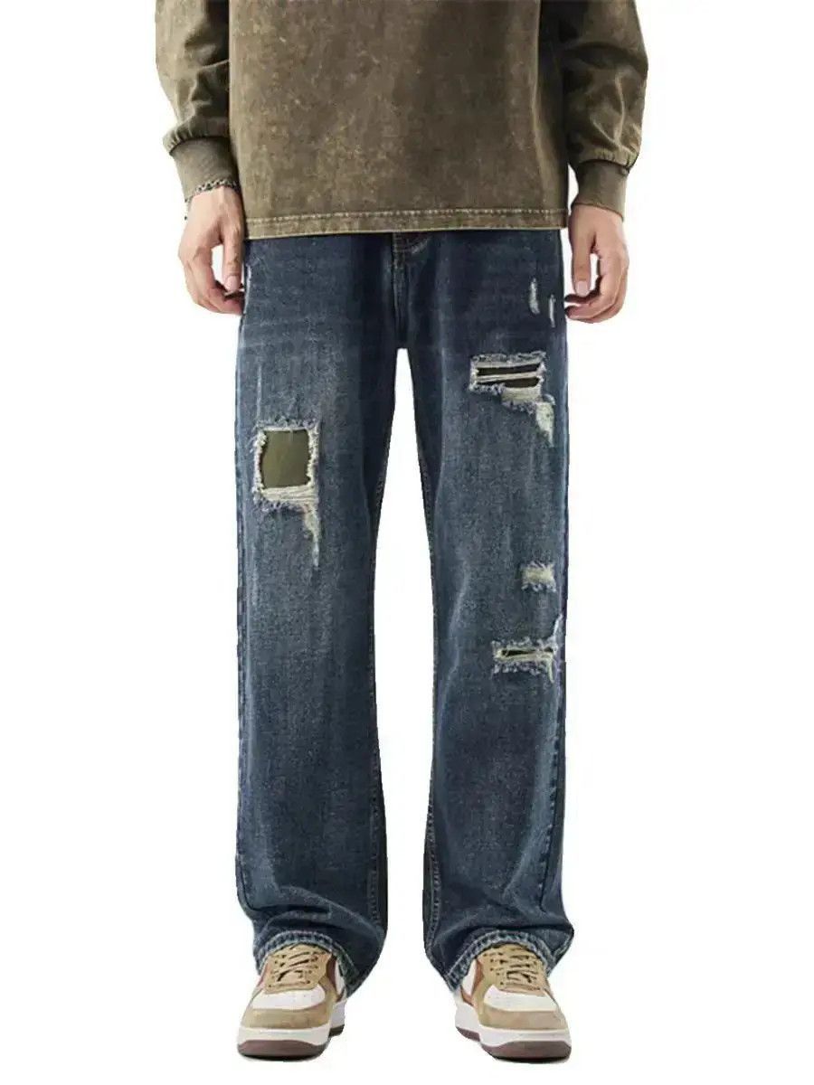 Japanese Brand Patch Patch Loose Straight Ripped Jeans Blue Size US 32 / EU 48 - 4 Thumbnail