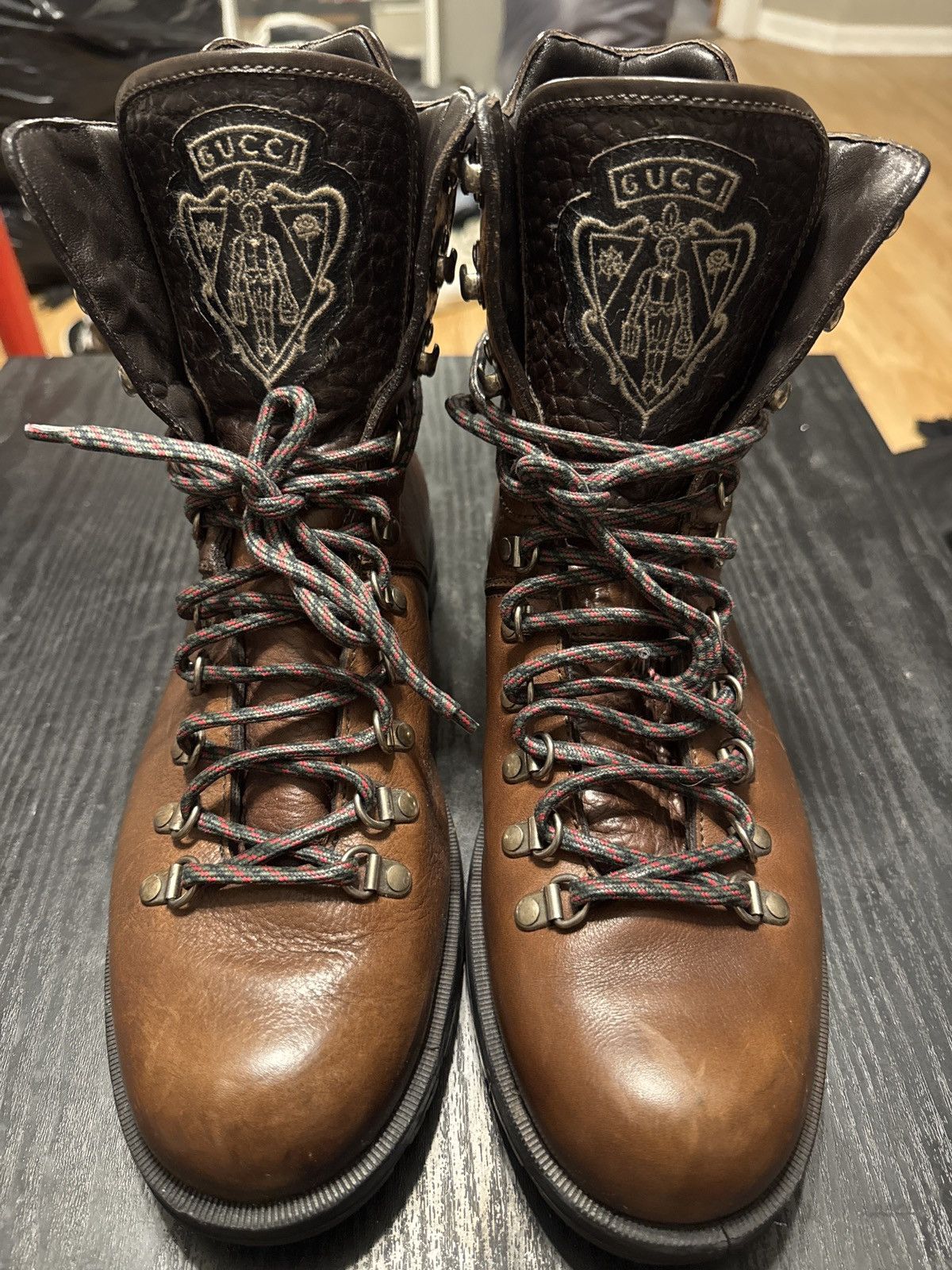 Gucci (leather color block pattern hiking boots)
