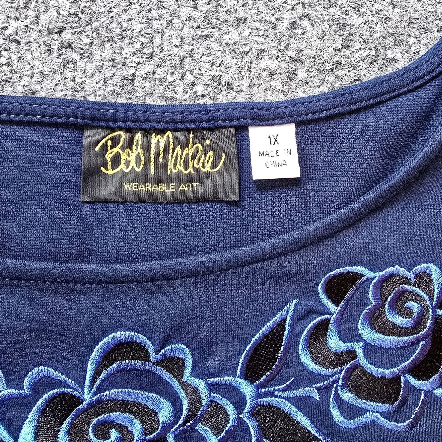 Bob Mackie Bob Mackie Dress Womens 1X Blue Floral Embroidery 3/4 Sleeve Stretch Casual Shift Knee Length Knit's Polyester Spandex Pullover Machine Washable Women Size XL / US 12-14 / IT 48-50 - 4 Thumbnail