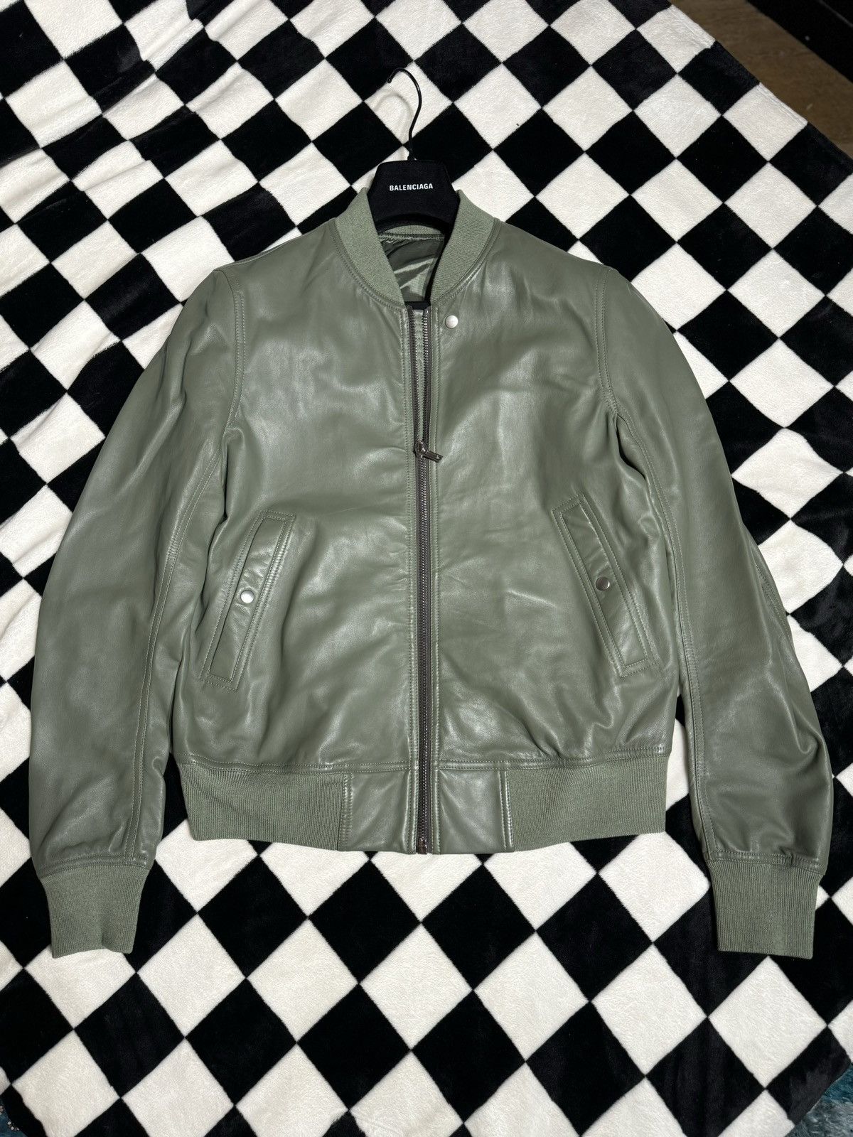 Pre-owned Rick Owens $2603 Size Mainline “edfu” 50 Bomber Leather Jacket In Moss