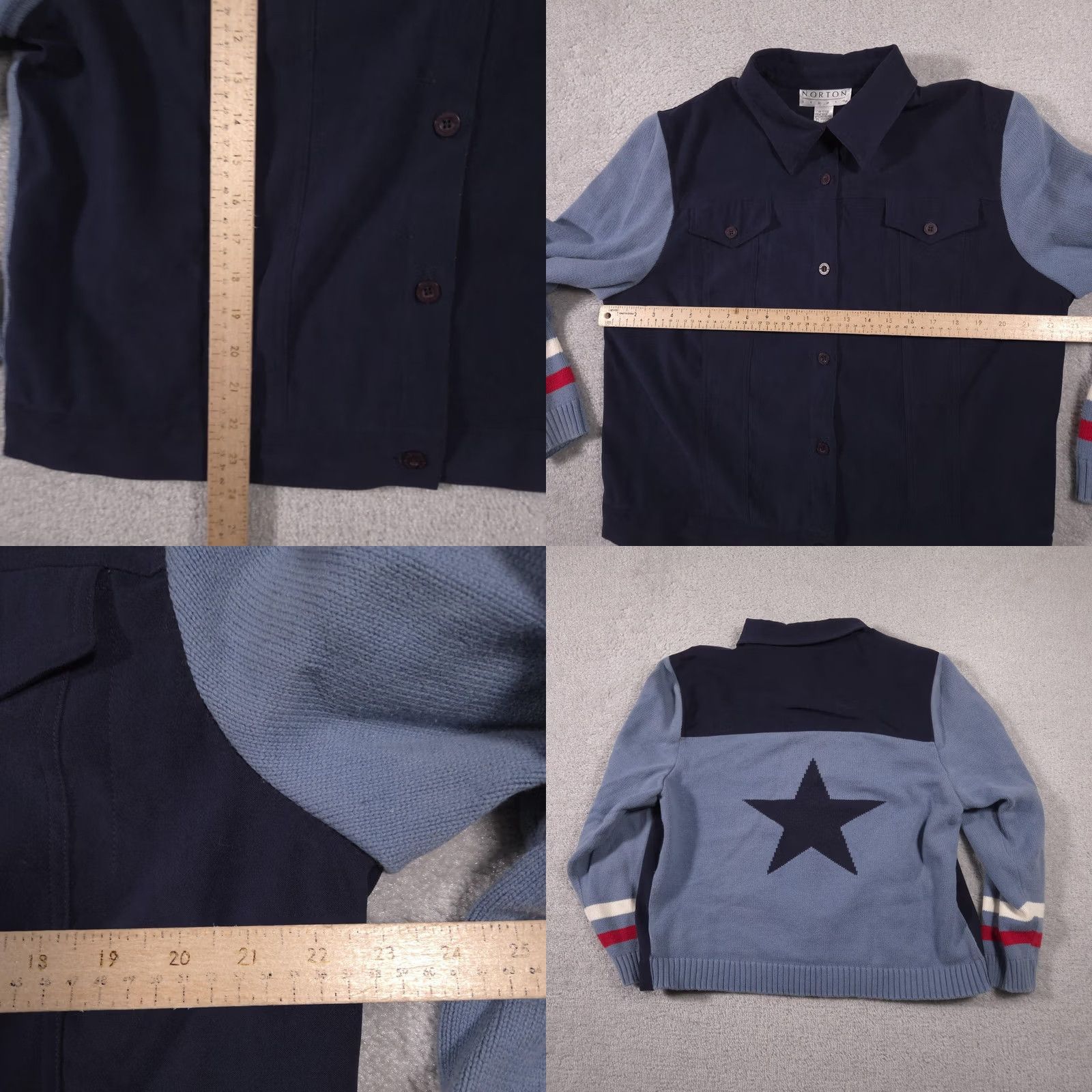Vintage Norton Studio Jacket Womens XL Navy Blue Knit Sleeves Star Back Button Front Size XL / US 12-14 / IT 48-50 - 8 Thumbnail