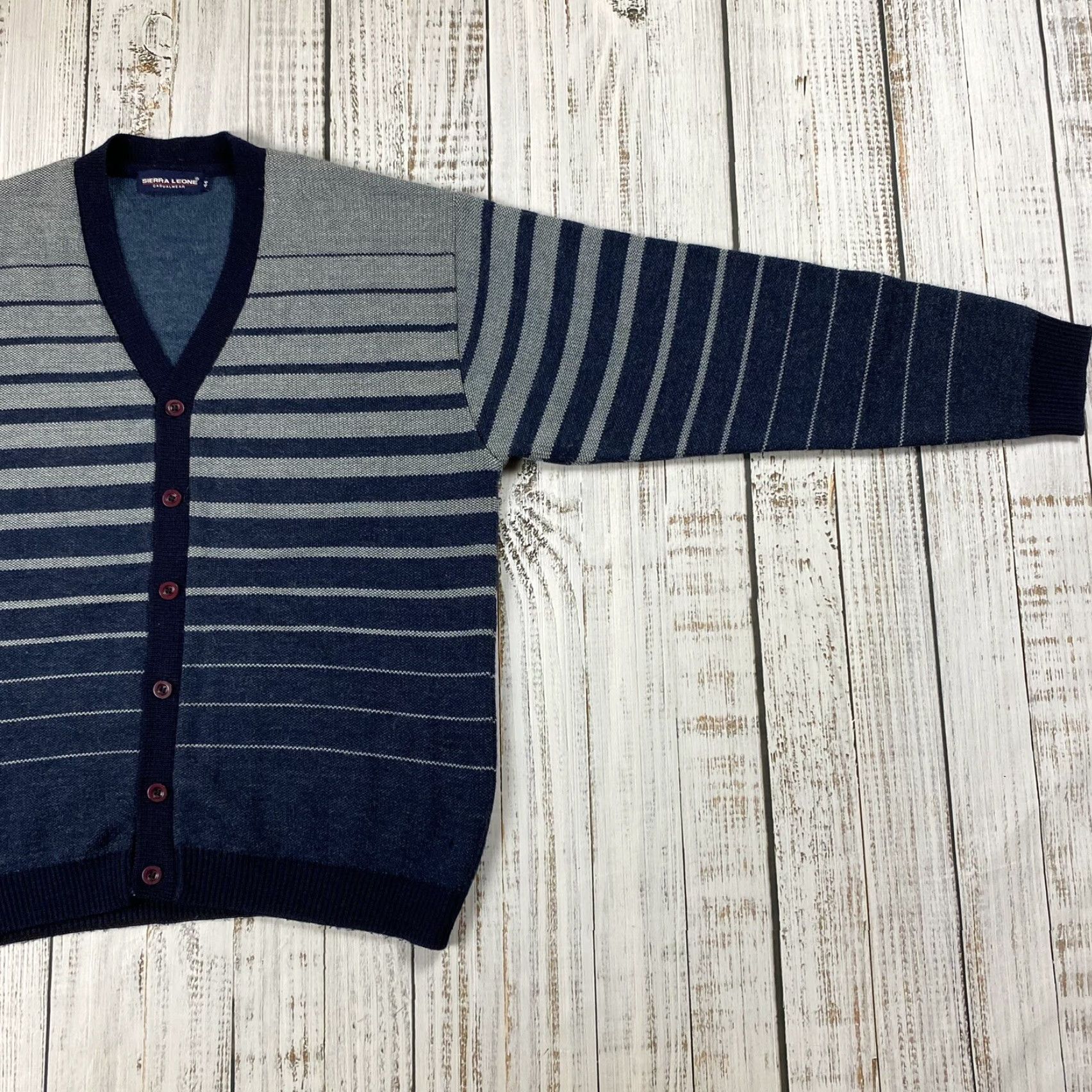 Vintage VINTAGE SIERRA LEONE CARDIGAN Sweater 90s Striped Wool Blend Button-Up Size 44 Navy Blue Mens Size US XXL / EU 58 / 5 - 4 Thumbnail